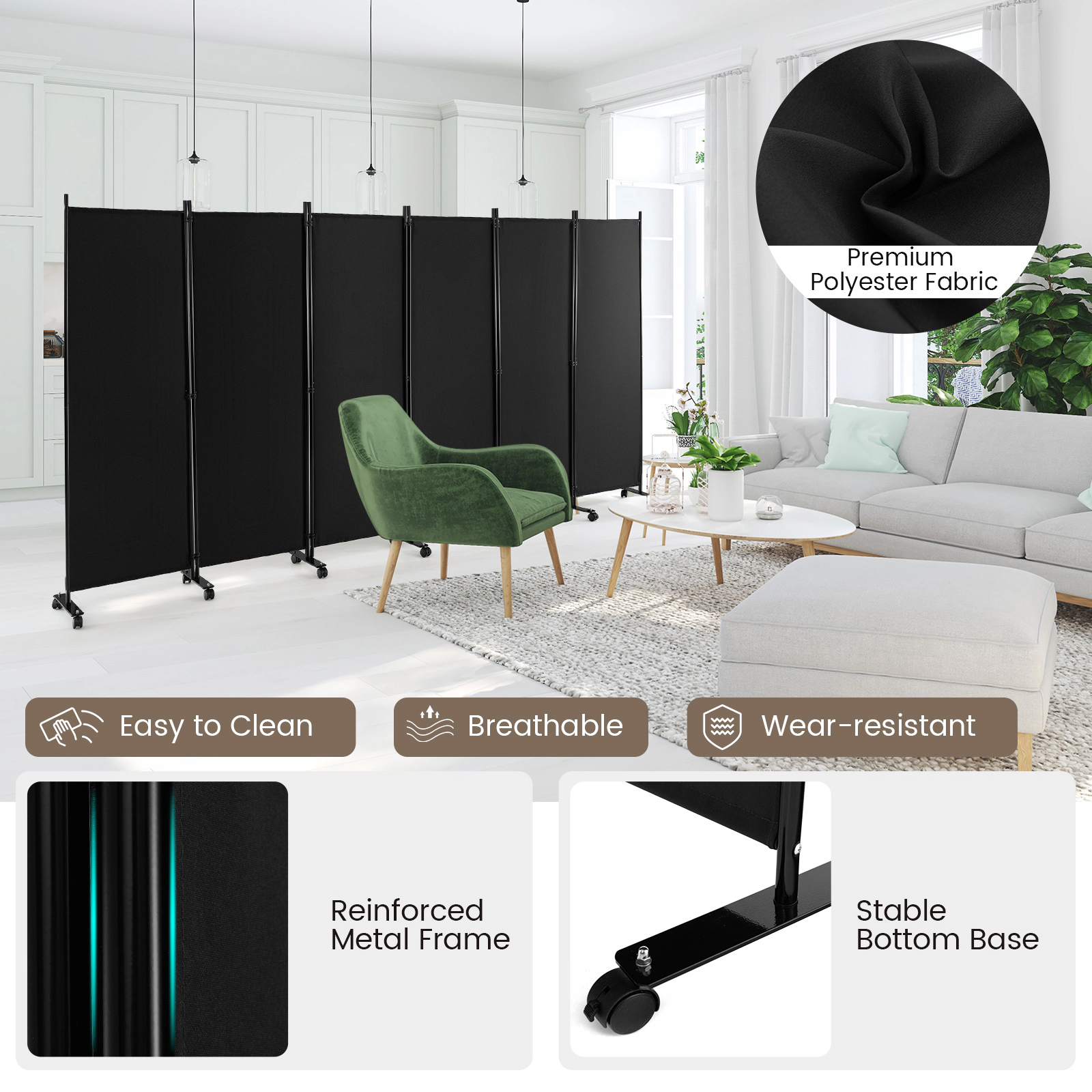 SUGIFT 6-Panel Metal Frame Polyester Panels Rolling Room Divider 132-in x 68-in 1.5-in Wheels 28-lb Black