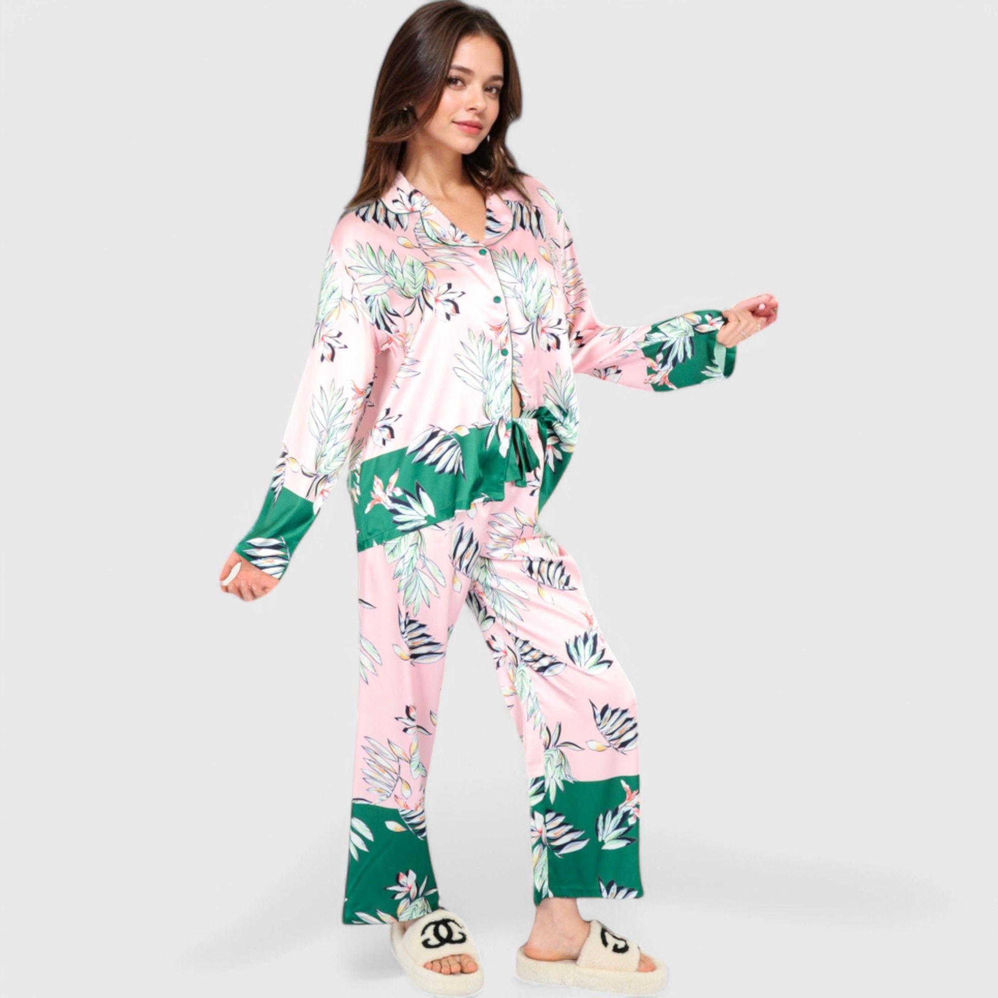 Anna-Kaci Women's Floral Satin Pajama Set with Button Up Long Sleeve Top and Matching Pants