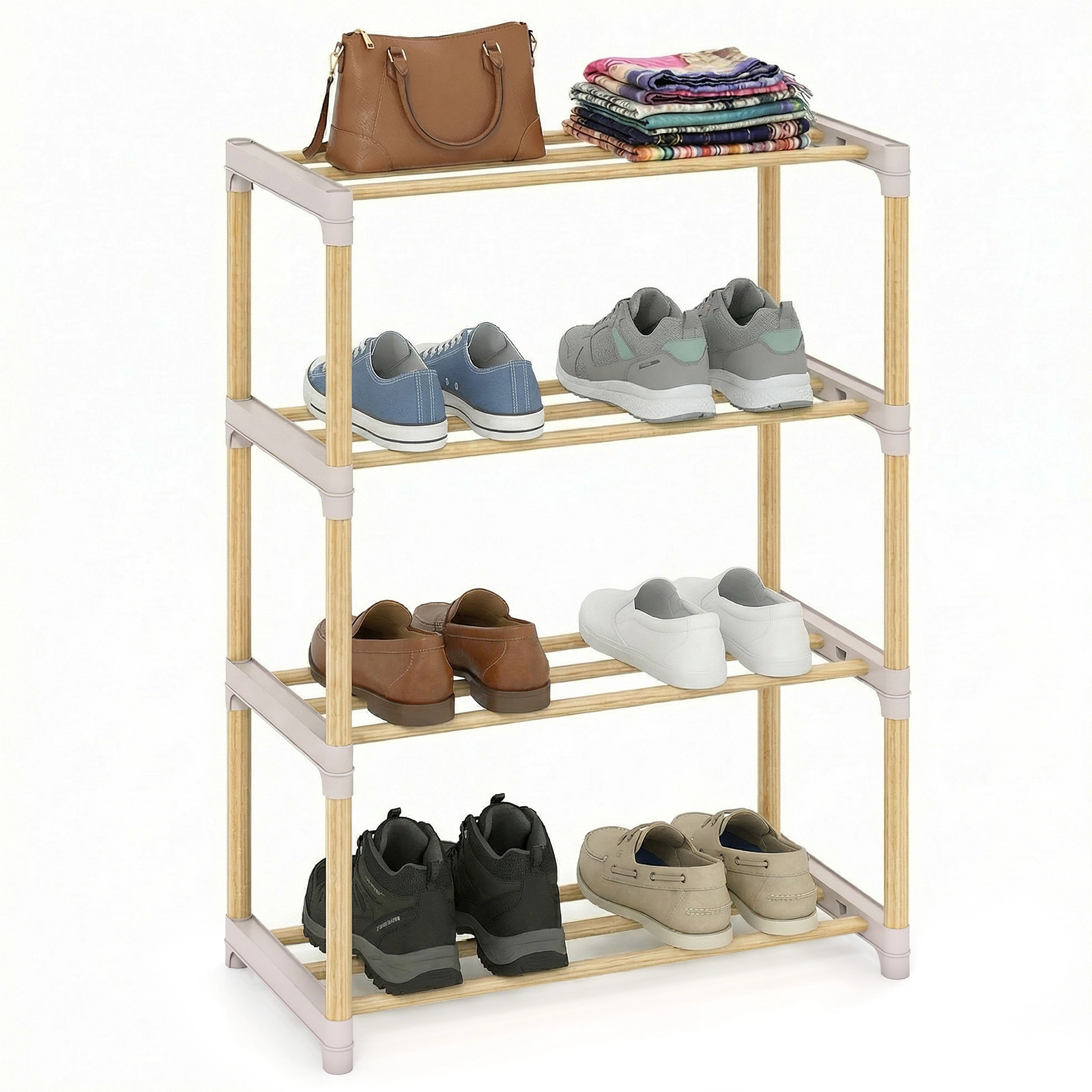 SUGIFT 4-Tier Pine Wood Shoe Rack Slatted Open Shelves 33-lb Capacity Per Shelf 20-in Wide Stackable Natural + Gray