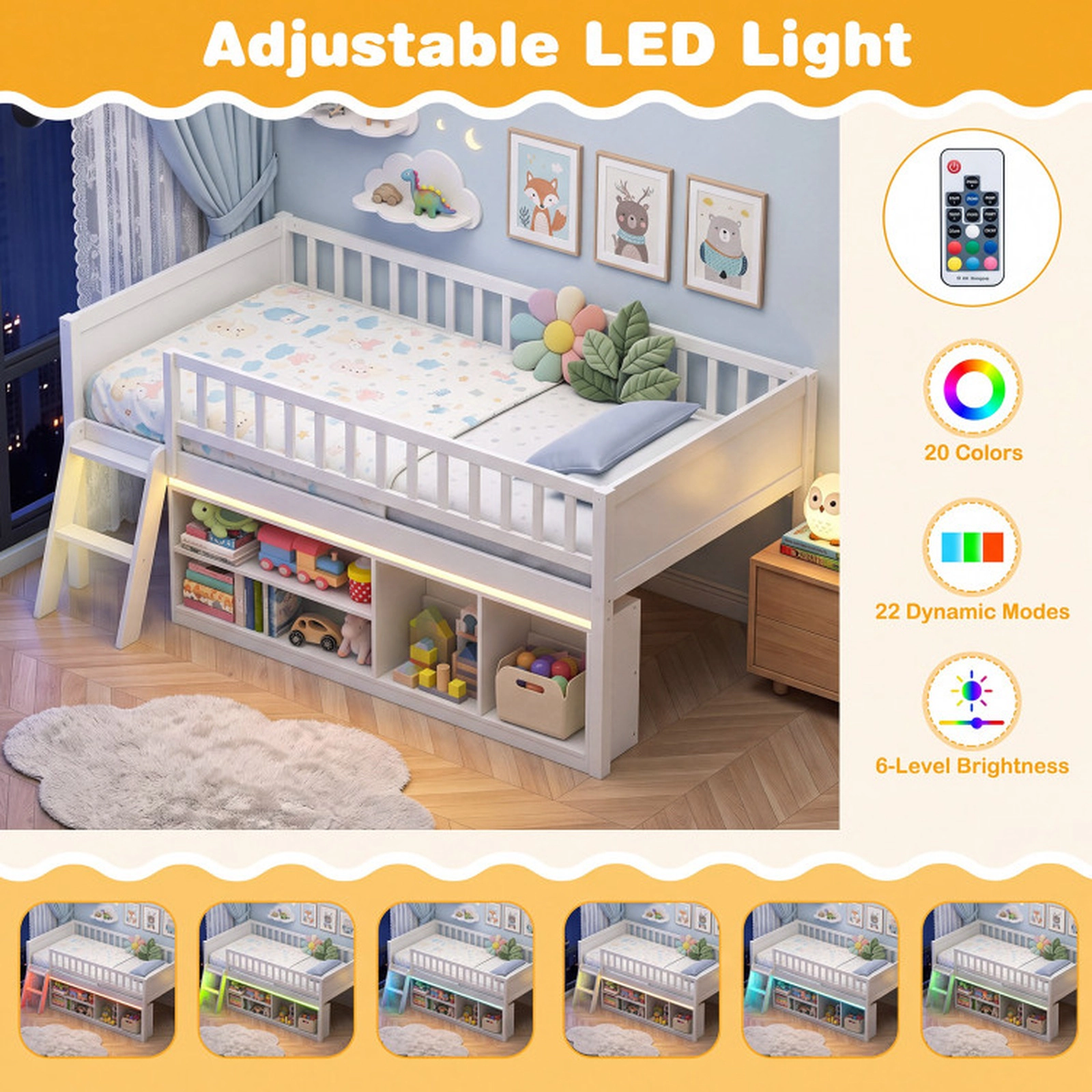 SUGIFT Twin Size 400-lb Capacity White Solid Wood Low Loft Bed with LED Lights Side Bookcase and Guardrails
