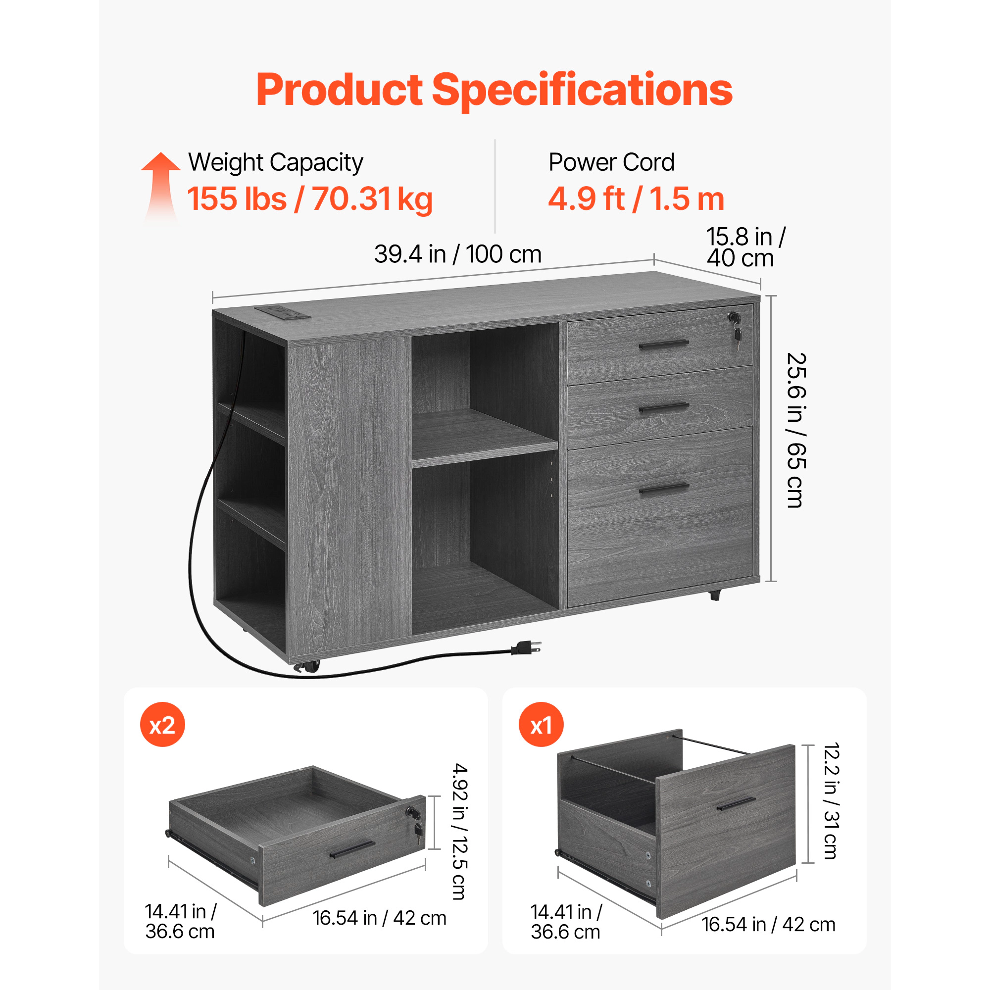 HONGGE 3-Drawer Wood File Cabinet with Lock & Power Strip, Rolling Storage Cabinet with Adjustable Shelves, Gray