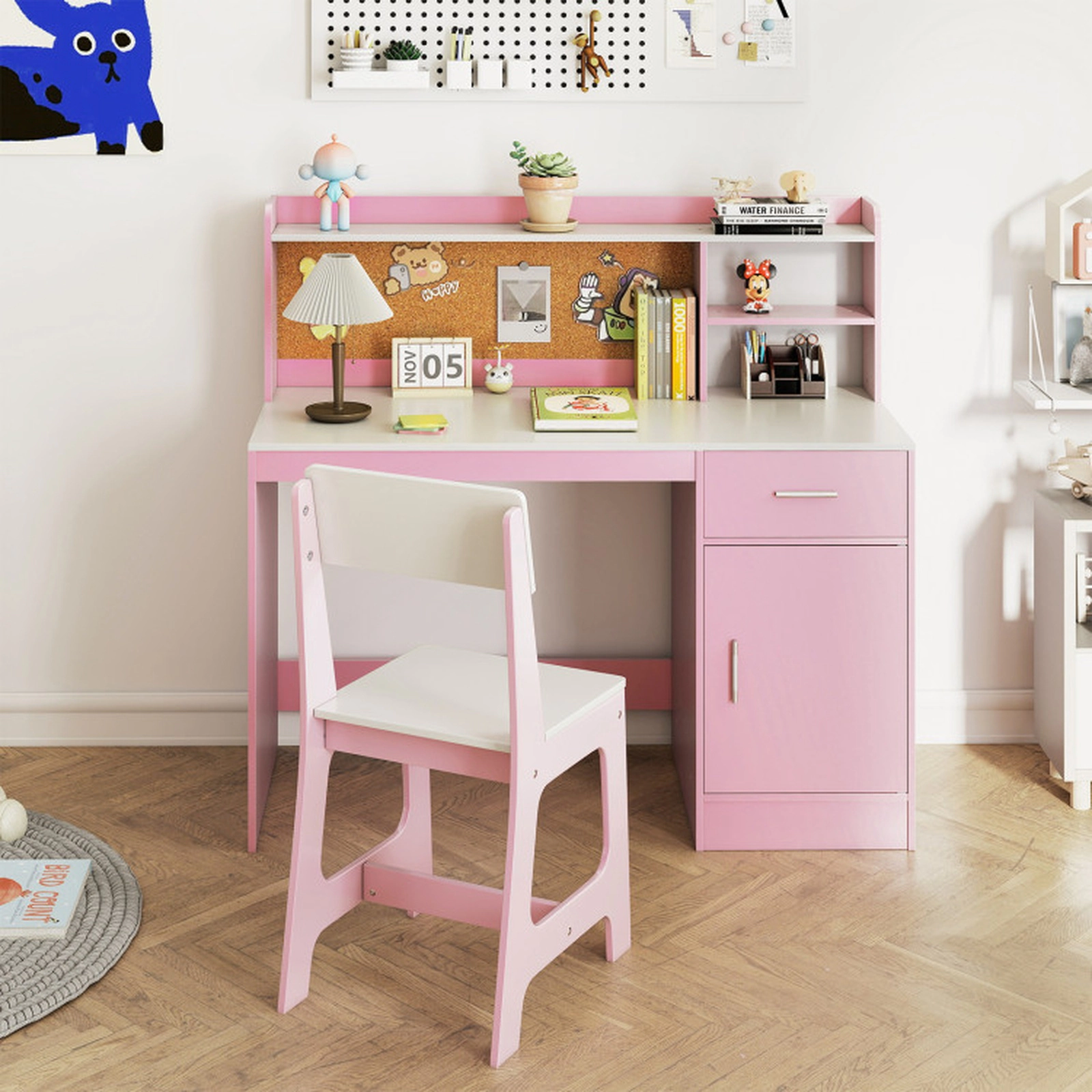 SUGIFT Kids Study Desk & Chair Set Cork Board & Storage 132-lb Tabletop Capacity 220-lb Chair Capacity Ages 3+ White +