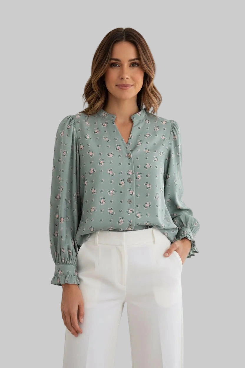 DressAtR Women's Boho Bell Sleeve V Neck Button Front Blouse