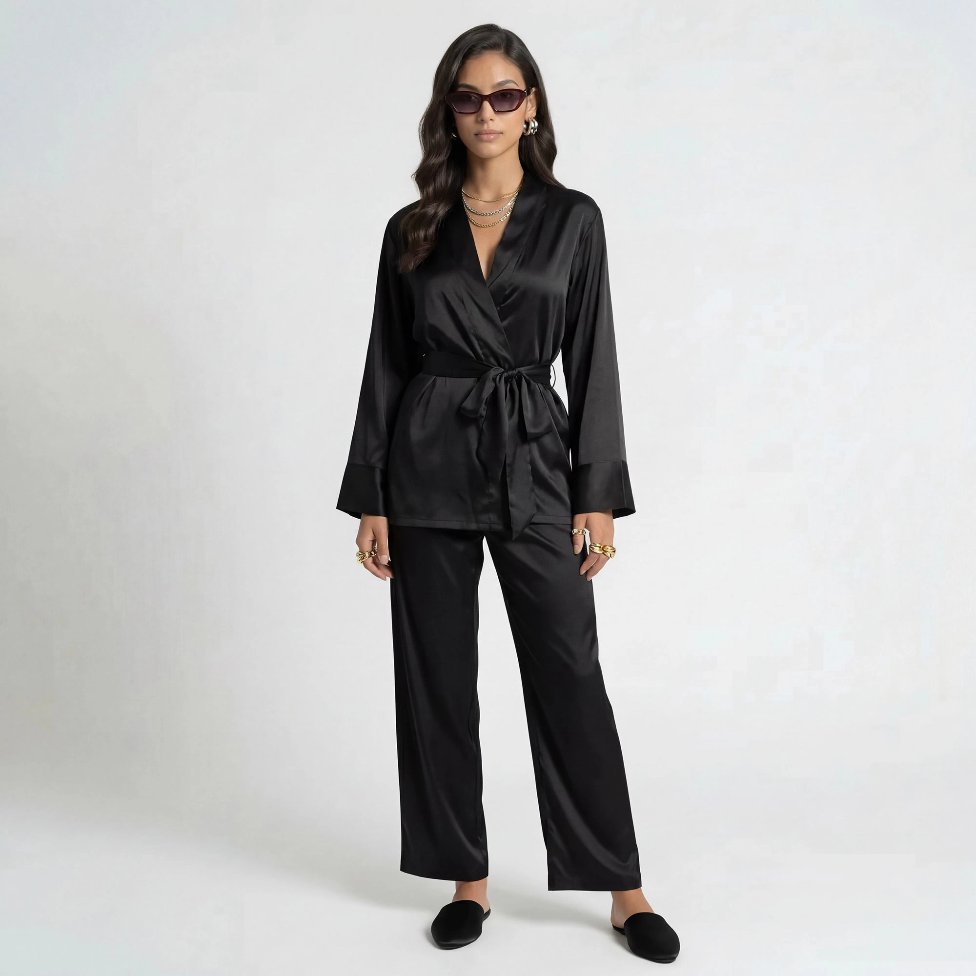 Anna-Kaci Women's 2-Piece Satin Wrap Long Sleeve Belted Top and Wide Leg Pants