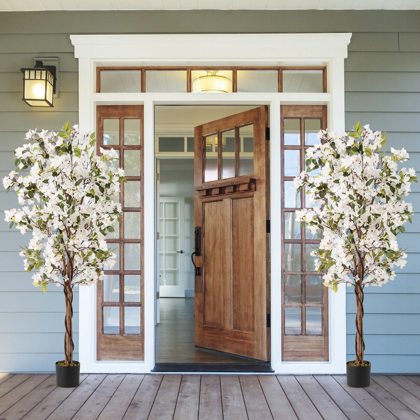 SlickBlue Set of 2 Faux Bougainvillea Plant with Twisted Wood Trunk and Moss