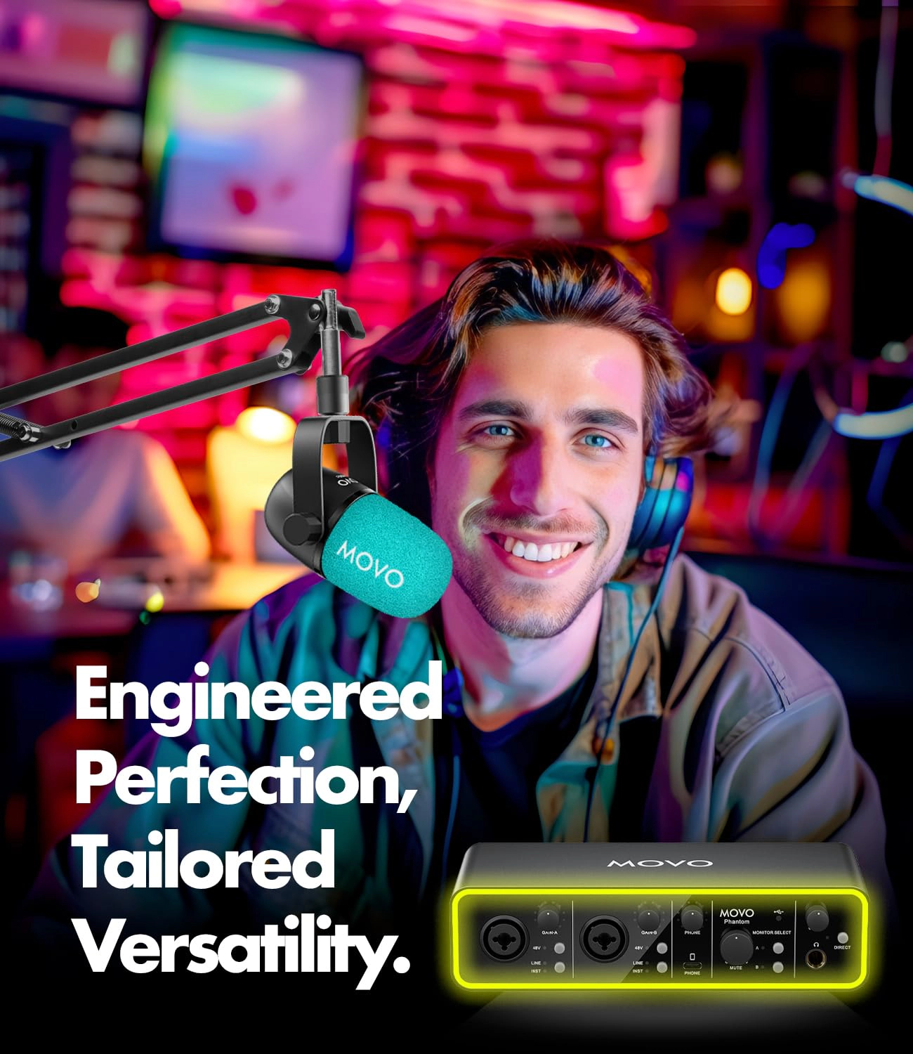 Movo Music Audio Interface Bundle - Phantom USB Audio Interface, CastMic XLR Dynamic Microphone, and Boom Arm