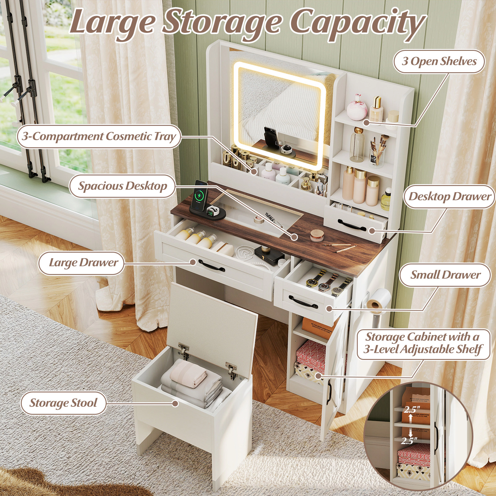 SUGIFT Vanity Desk Lighted Mirror & Charging Station Makeup Dressing Table 155-lb Tabletop Capacity with 330-lb Stool