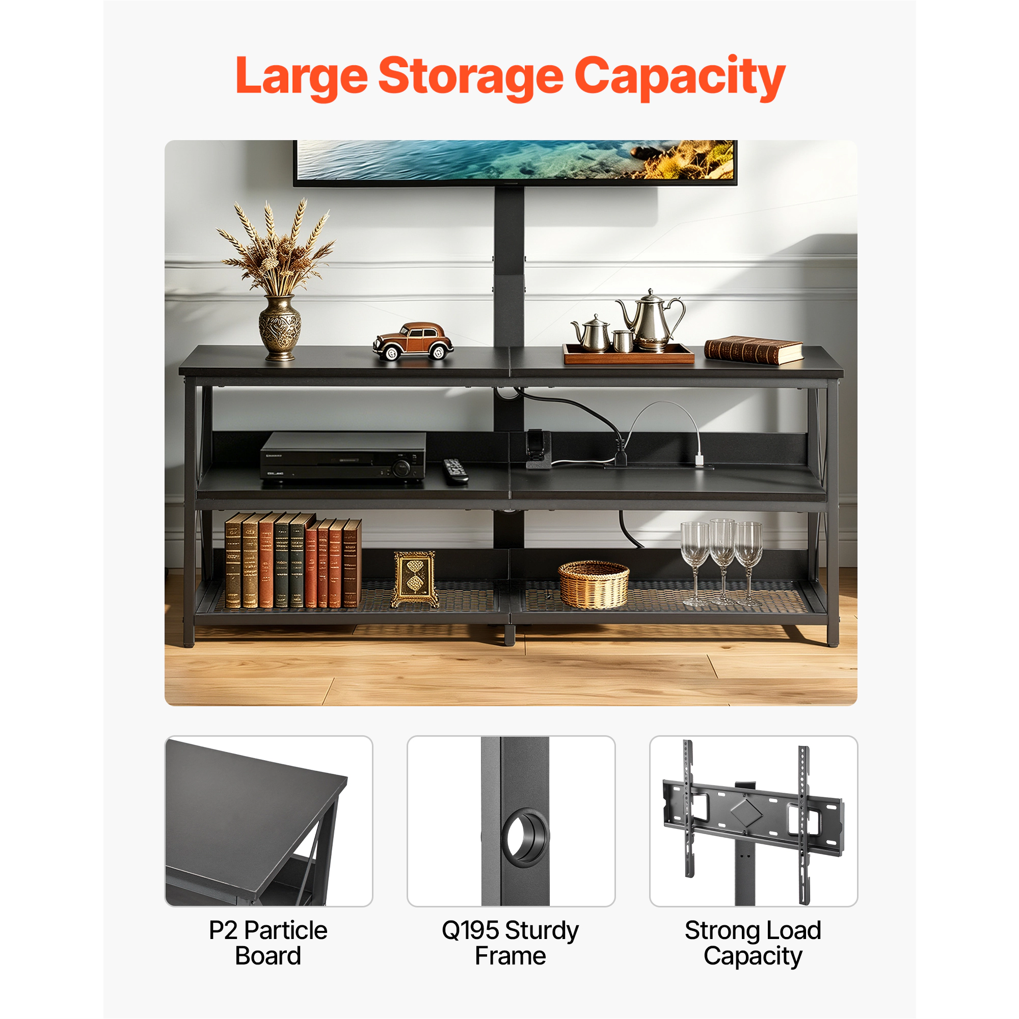 HONGGE TV Stand Console with Power Outlet for 32-75 Inch TVs, Height Adjustable Entertainment Center with Storage