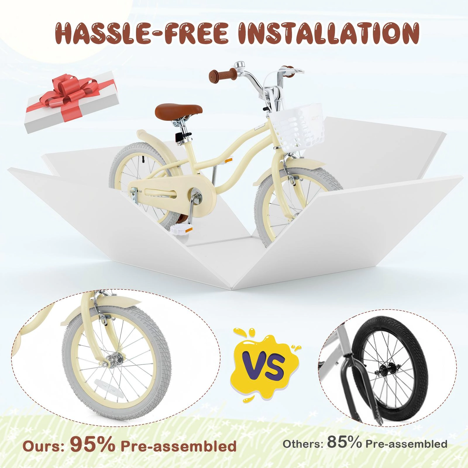 SUGIFT Beige Training Wheels Removable Storage Basket and Adjustable Seat Kids Bike