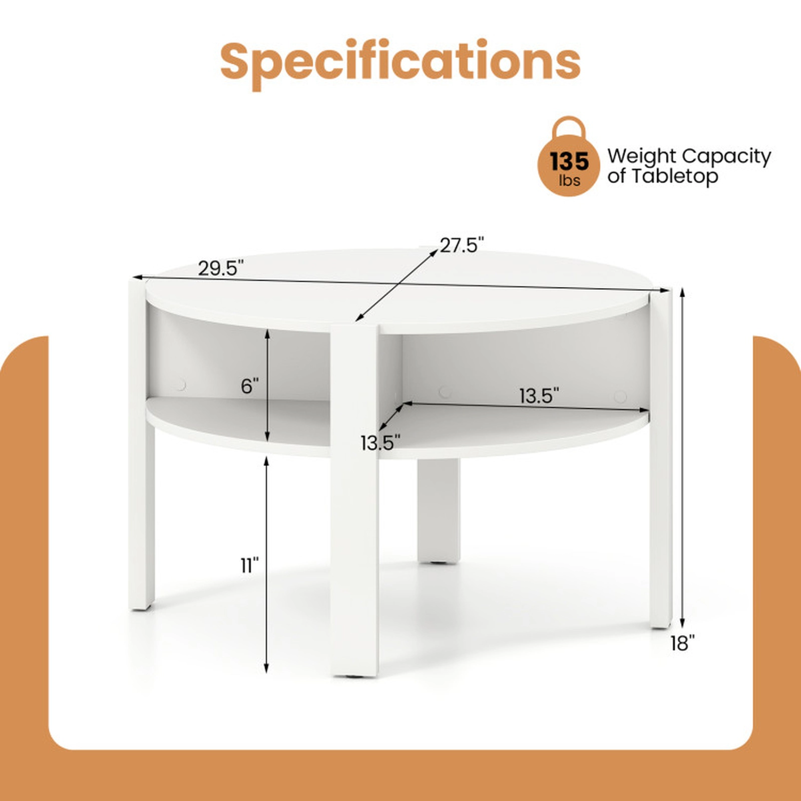 SUGIFT 29.5-in Round 135-lb Capacity White Wood Coffee Table with Side Storage Shelves and 11-in Clearance