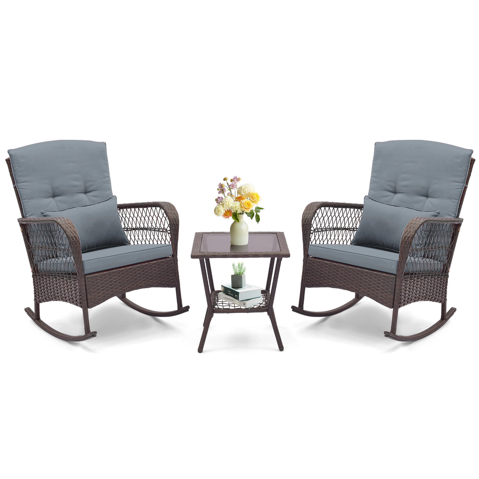 SUGIFT 3-Piece Rocking Conversation Bistro Set 2-Tier Coffee Table 440-lb Rocker Capacity Mix Brown Rattan Gray Cushions