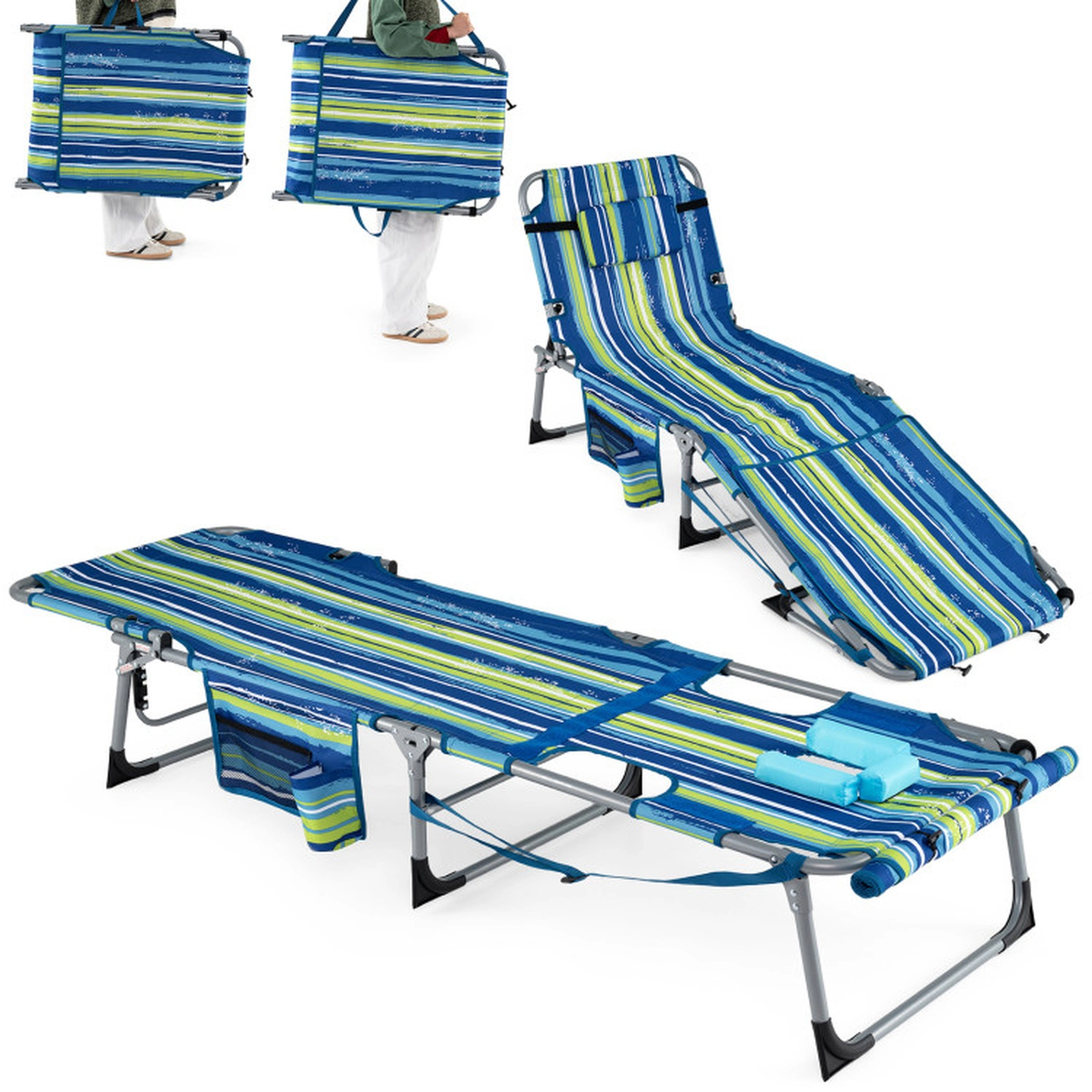 SUGIFT Set of 2 Portable Tanning Chairs with Face and Arm Holes 330-Lb Capacity 4-Level Backrest Blue & Green