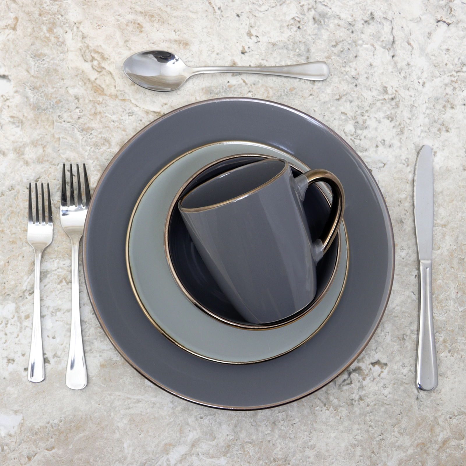 Elama Tahitian Grand 16 Piece Stoneware Dinnerware Set in Gray