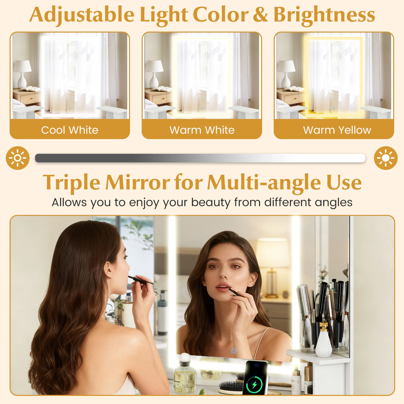 SUGIFT Corner Vanity Table and Stool Set with Lighted Tri-Fold Mirror and Charging Station and Cushioned Stool in White