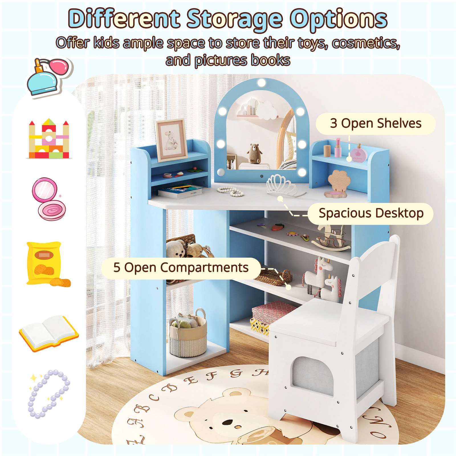 SUGIFT 2-Piece Corner Kids Vanity Set with Lighted Mirror, Fabric Drawer and Chair
