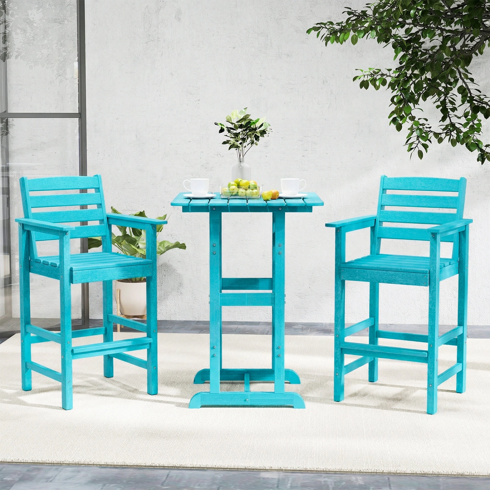 SUGIFT Set of 2 Turquoise HDPE Adirondack Bar Chairs, 29-in Seat, Footrest