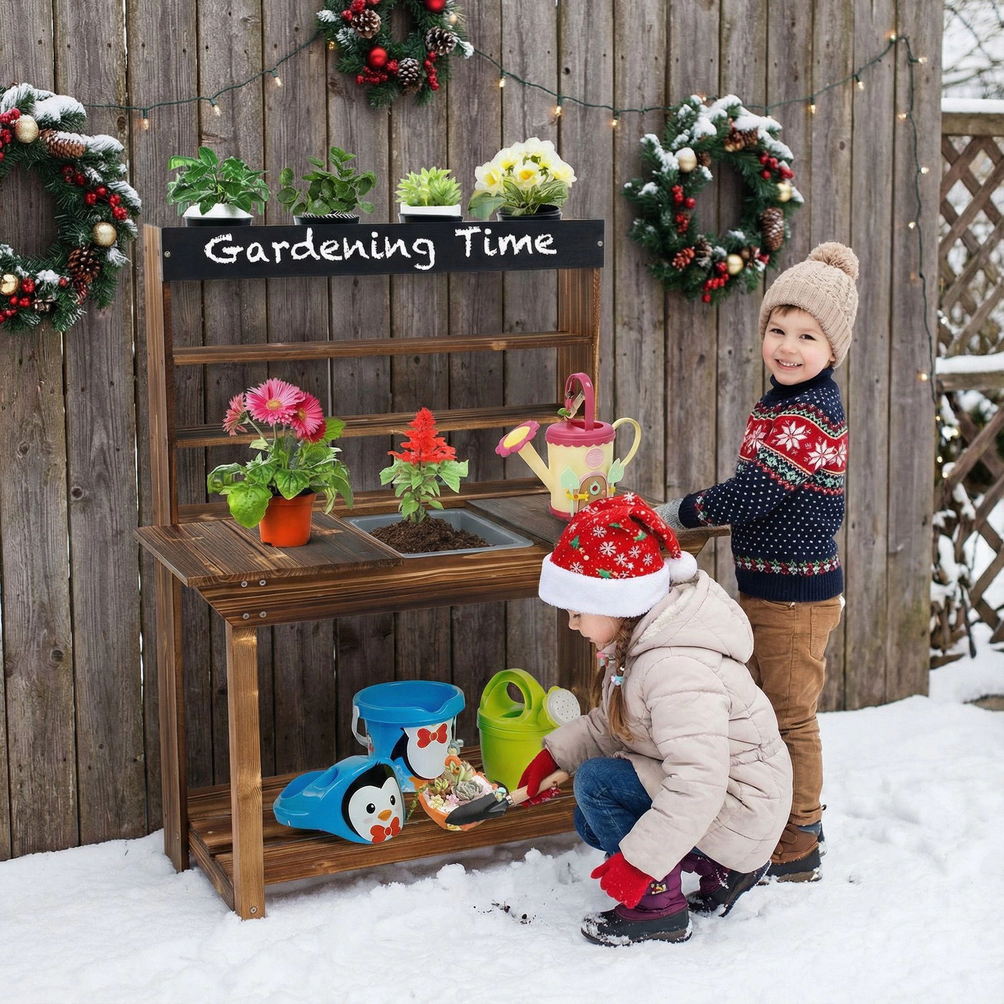 LJG Kids Wooden Potting Bench Table Outdoor Mud Kitchen with Solid Fir Wood Frame