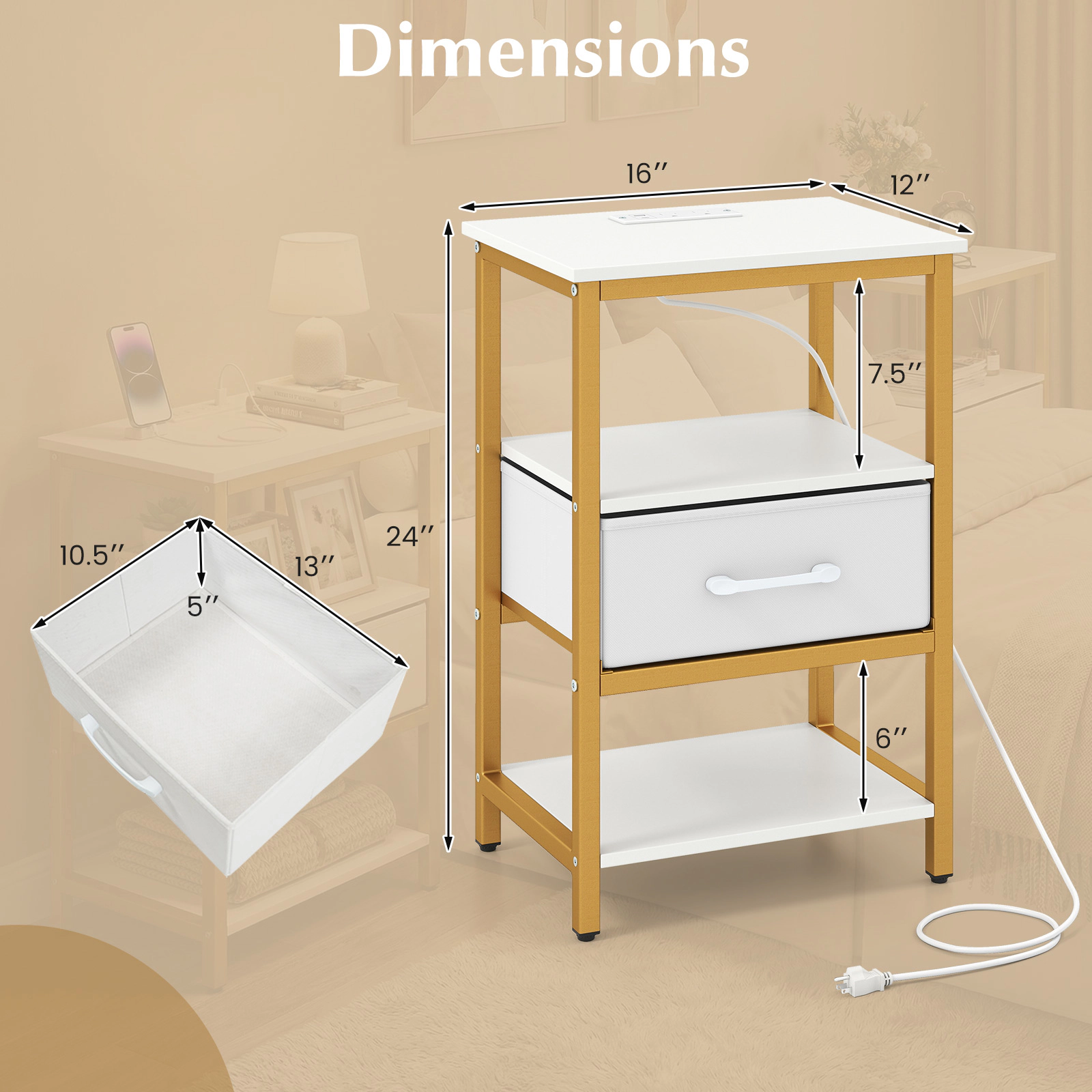 Glintex 2-Piece Nightstand Set with Charging Stations and Foldable Fabric Drawers, White