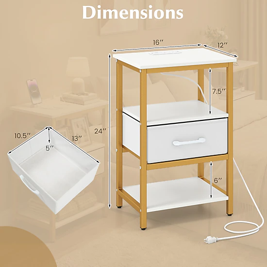 Glintex 2-Piece Nightstand Set with Charging Stations and Foldable Fabric Drawers, White
