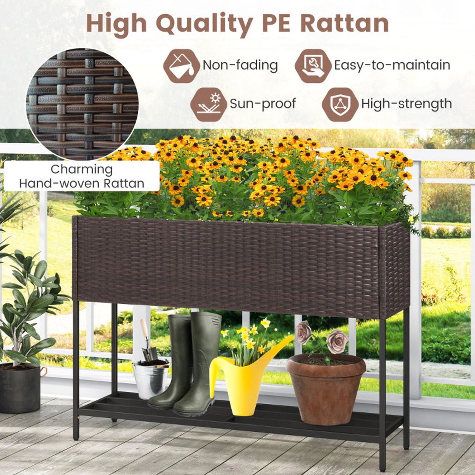 SUGIFT Raised Garden Bed with Storage Shelf and Drainage Gaps 132-lb Planter Box Capacity 66-lb Shelf Capacity Black