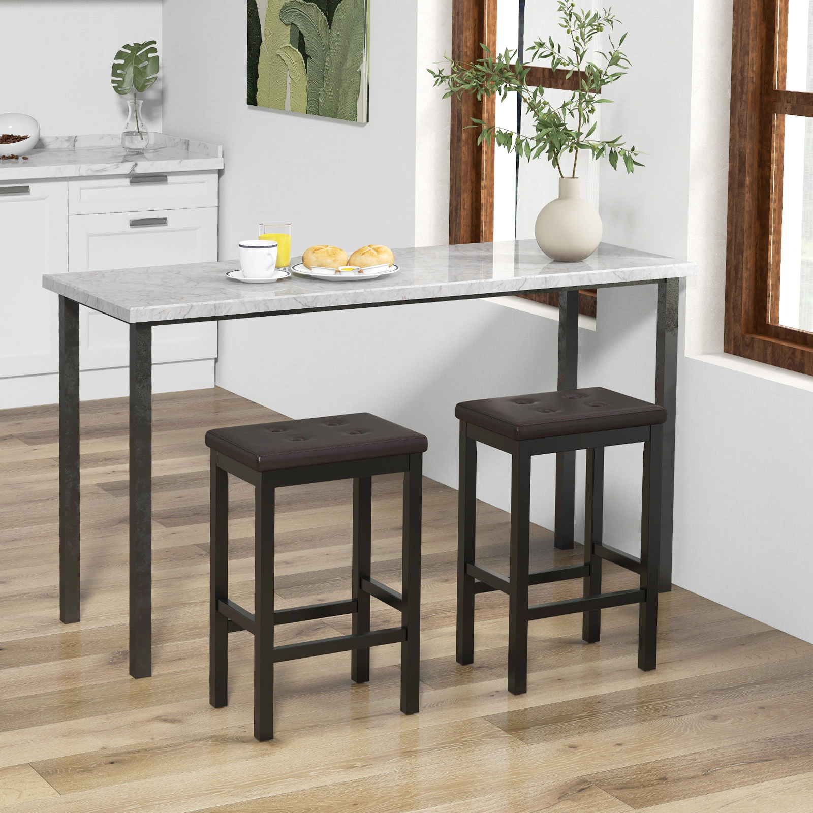 SUGIFT 24-Inch Counter Height Bar Stool with Tufted PVC Leather Seat, Rubber Wood Frame and Footrest