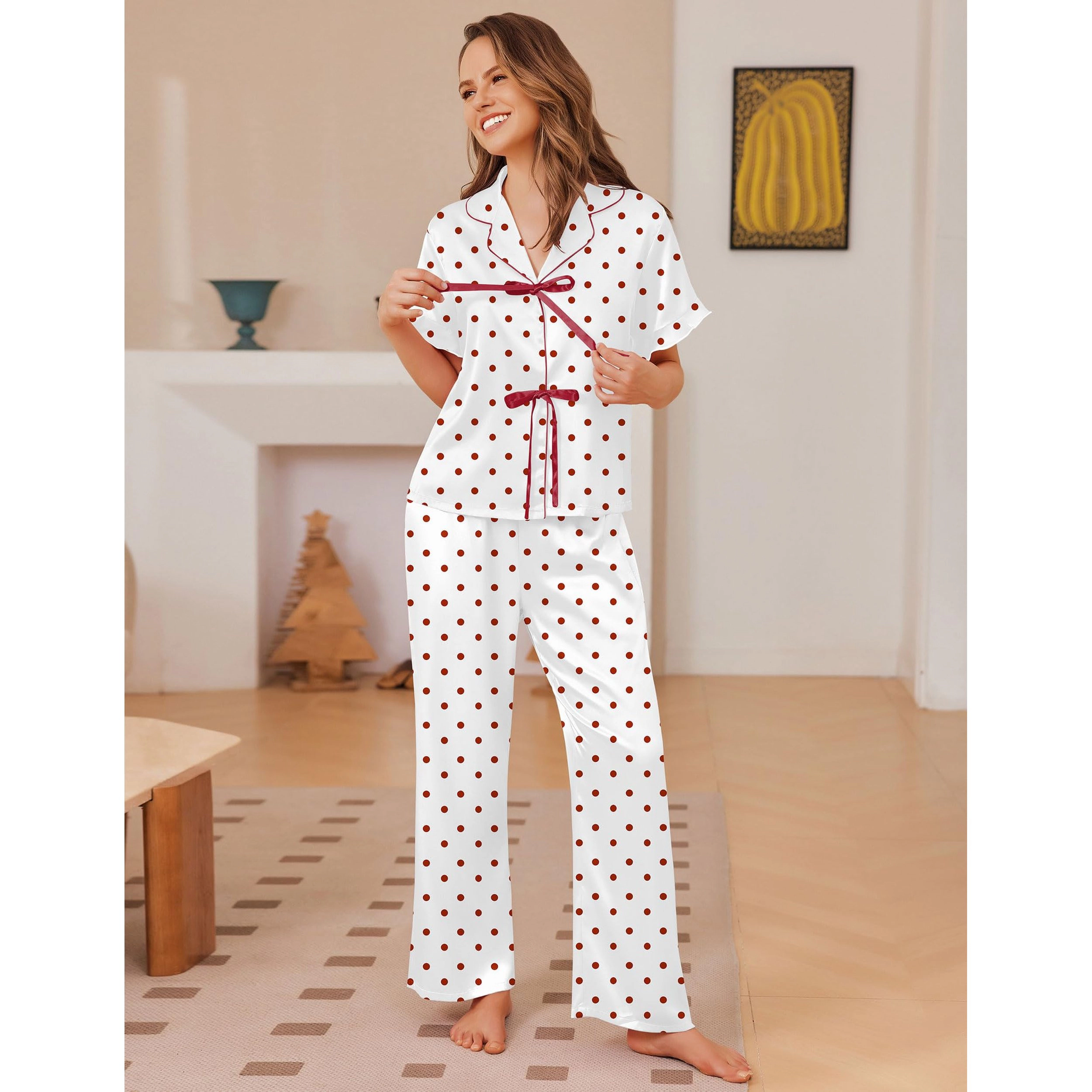Ekouaer Silk Pajamas for Womens Two Piece Satin Pajama Set Ruffle Tie Short Sleeve Comfy Loungewear