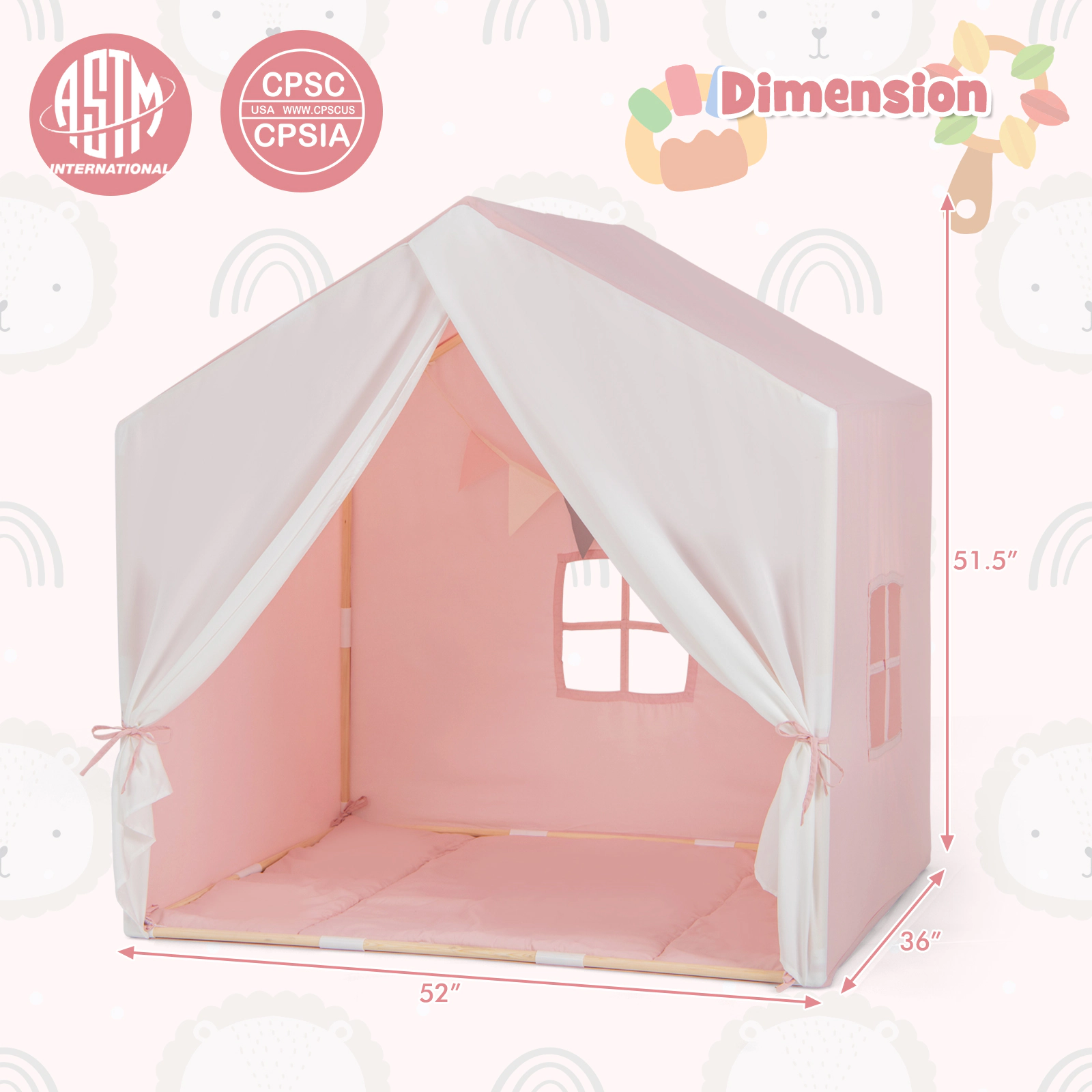 SUGIFT Kid's Play Tent with Washable Cotton Mat and Flag Banner 52-in Long Ages 3+ Pink Orange Bed Tent