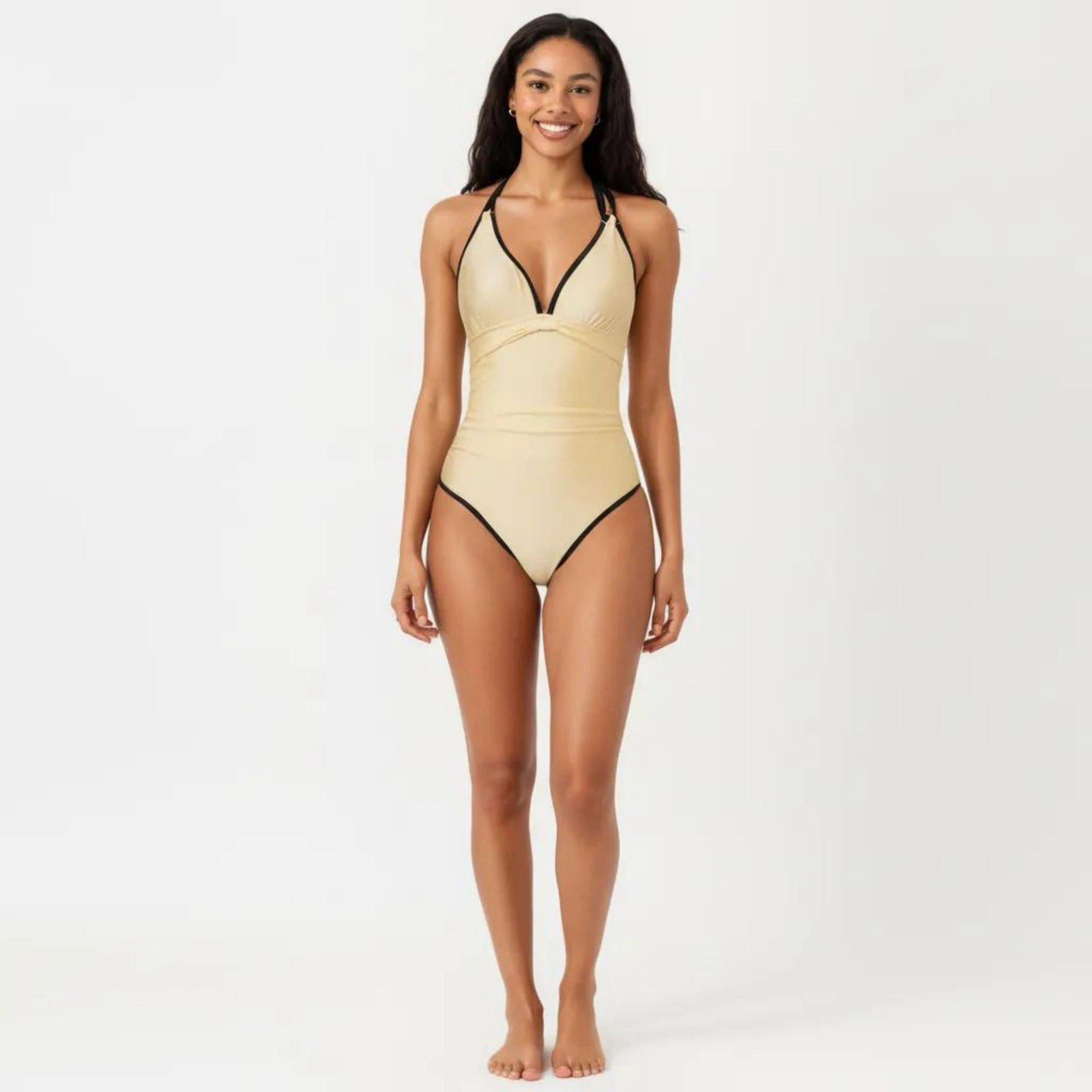 Anna-Kaci Women One Piece Swimsuit - V-Neck Contrast Trim, Double Strap, Ruched Waist, Slim Fit
