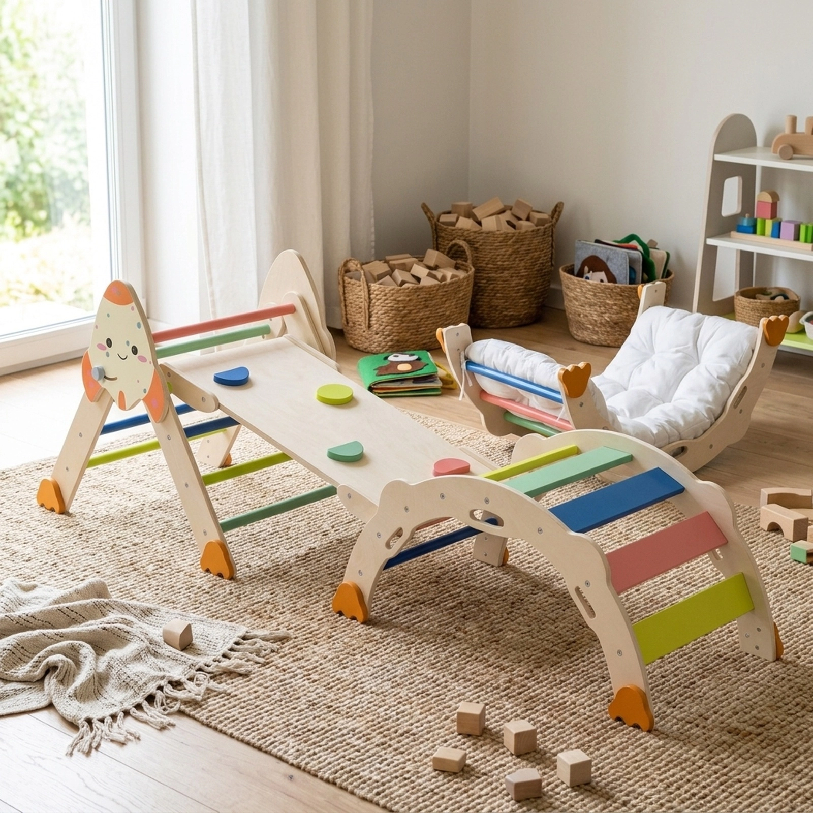 8-in-1 Foldable Toddler Climbing Set Rocket Theme Climbing Triangle Arch Balance Bridge Cushion 330-lb Total Ages 1+