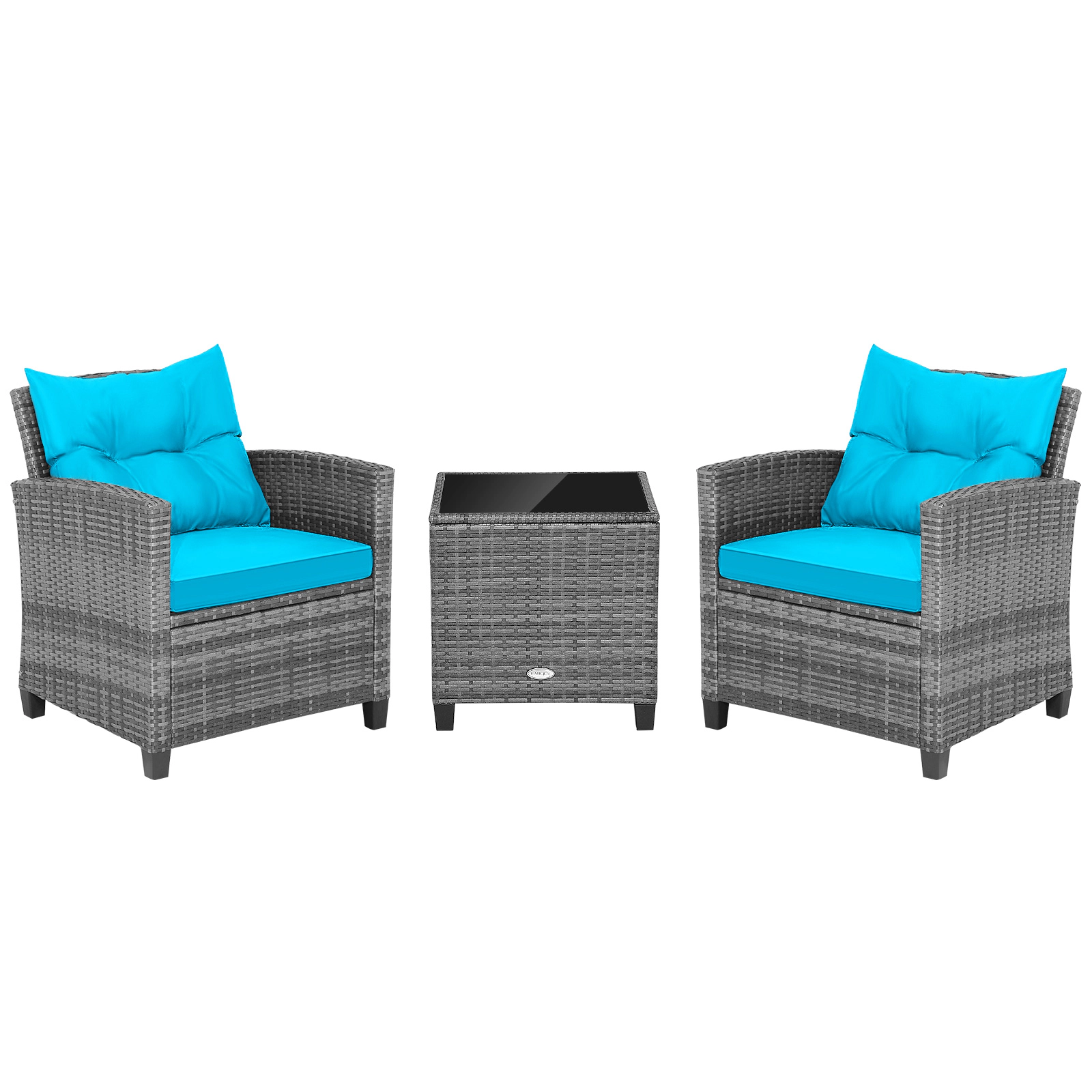 SUGIFT 3-Piece Gray Rattan Balcony Lounge Set with Cushioned Chairs and Glass Table