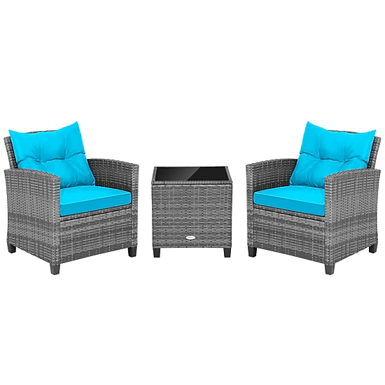 SUGIFT 3-Piece Gray Rattan Balcony Lounge Set with Cushioned Chairs and Glass Table