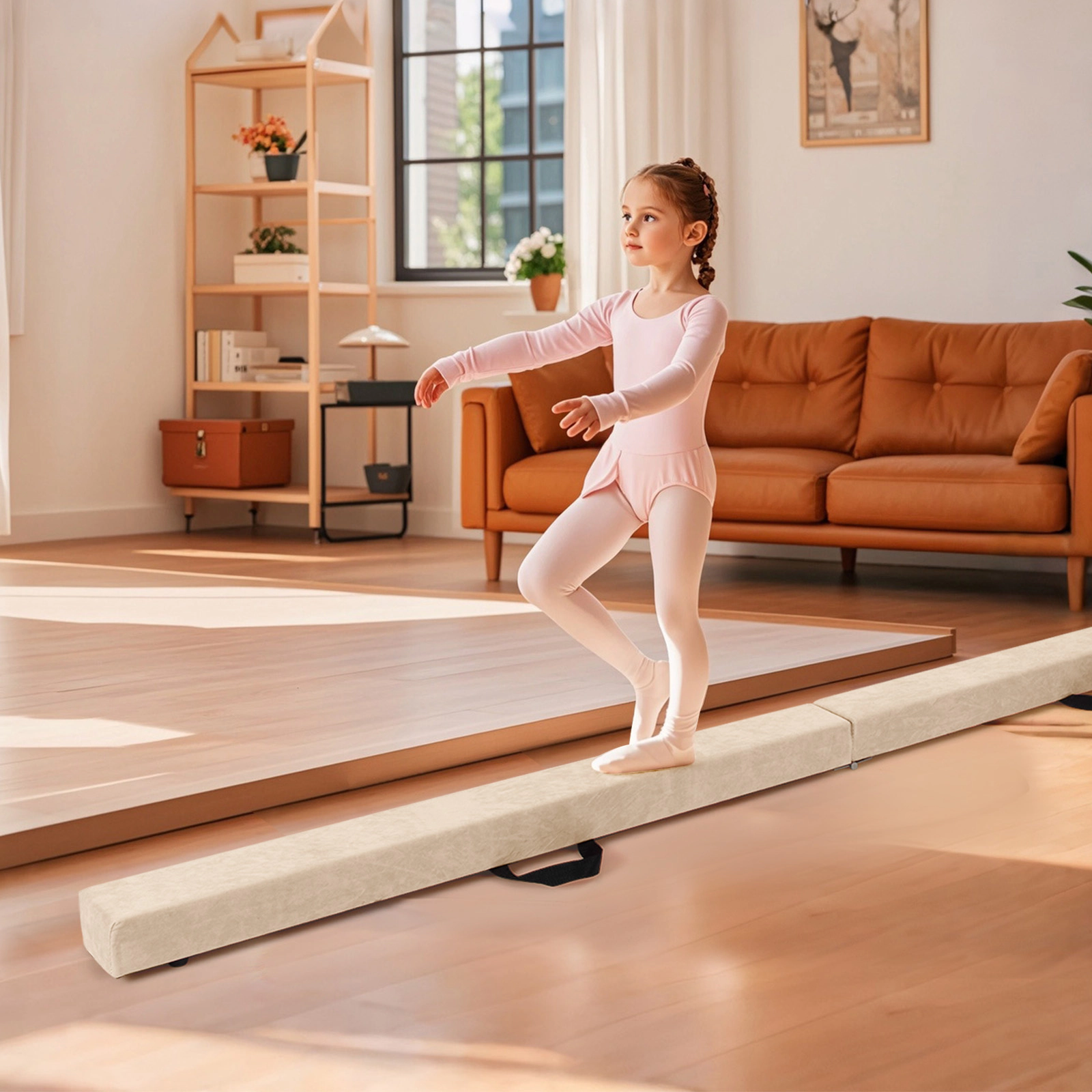 SUGIFT Beige 8-ft 160-lb Capacity Folding Gymnastics Balance Beam with Solid Wood Base and Two Carry Handles