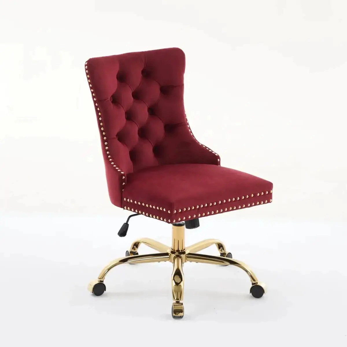 Platinum-Level Office Chairs Wine Red Velvet Tufted Adjustable Swivel Office Chair Gold