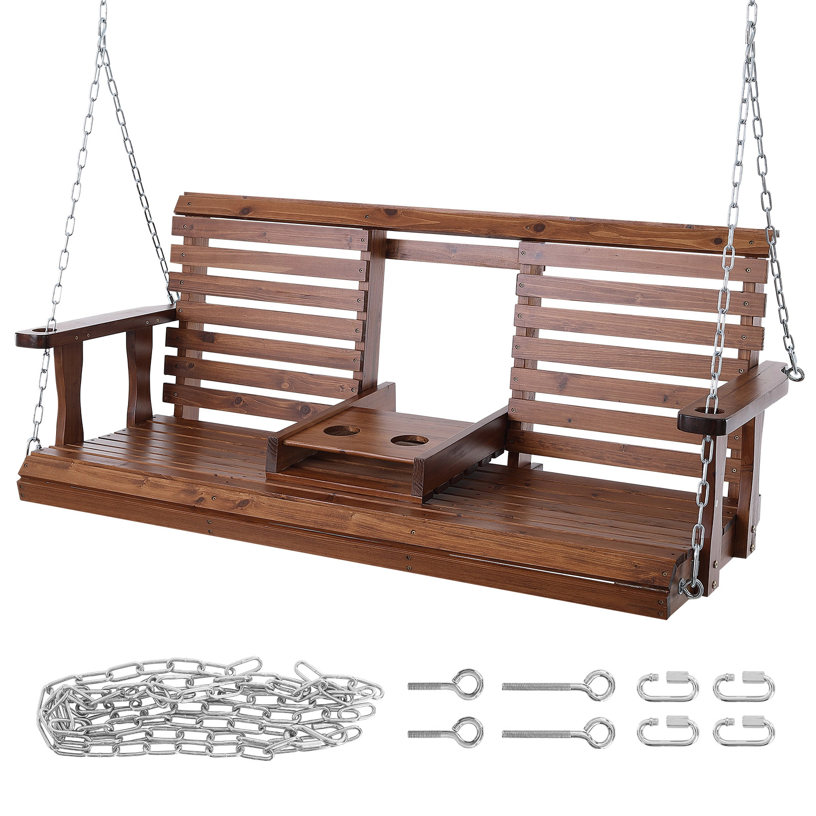 HONGGE 5 ft Cedar Wood Porch Swing with Hanging Steel Chains, Outdoor Patio Bench Seat, 880 lb Capacity, Brown