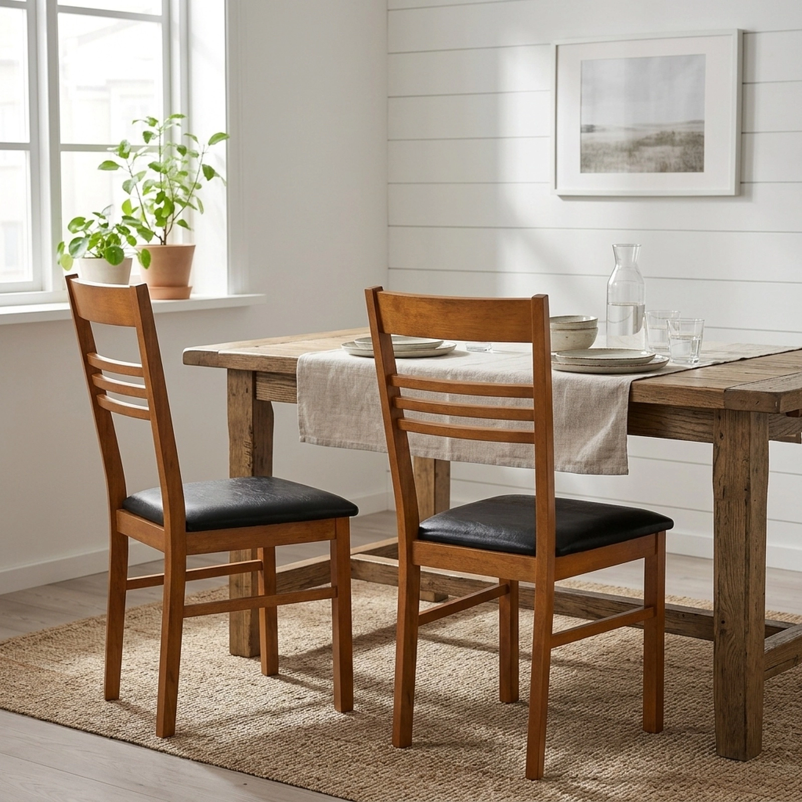 SUGIFT Set of 2 Walnut Wood Dining Chairs with Slatted High Backrests