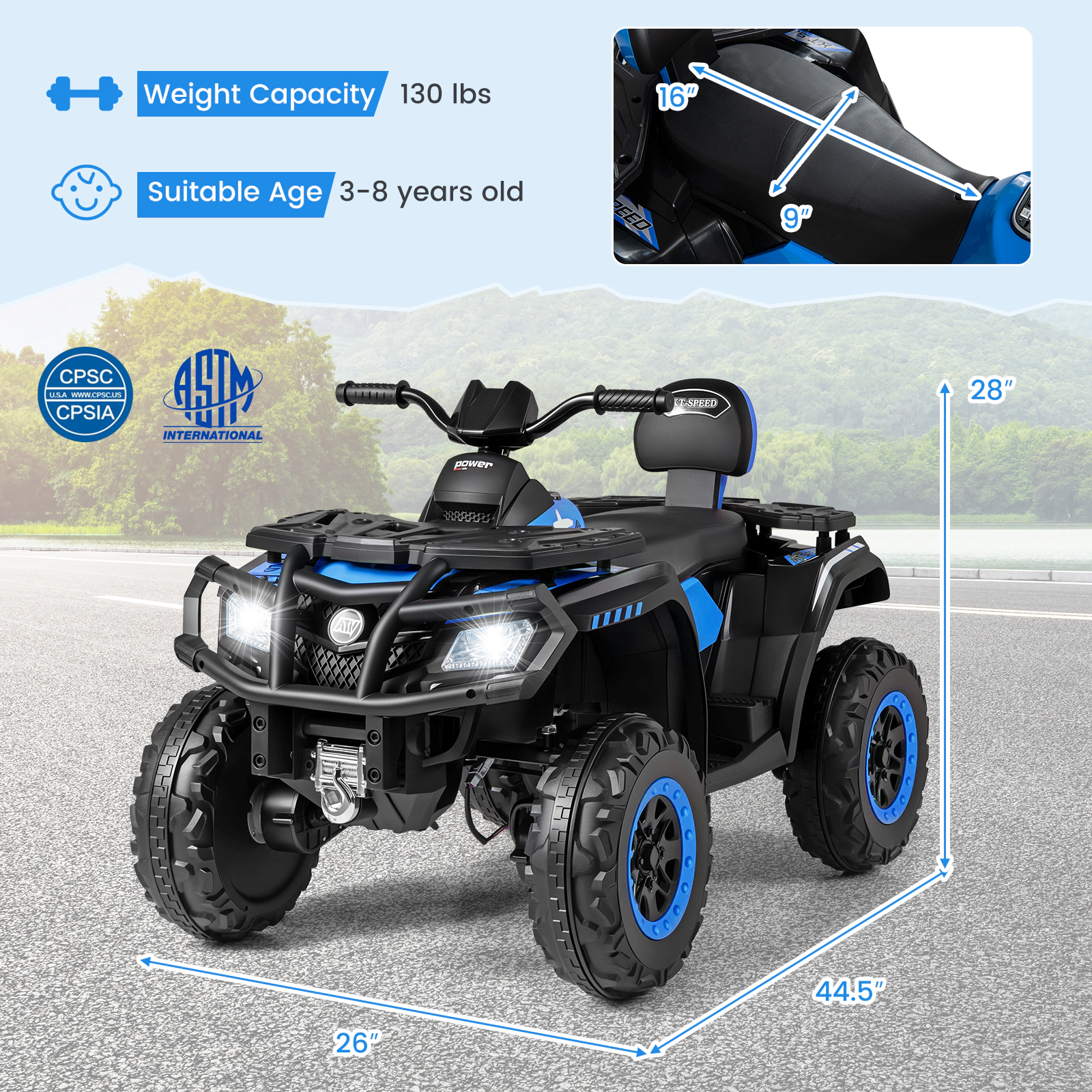 24V Kids ATV 2-Seater 4-Wheeler Electric Ride On Quad 4 Motors LED Headlights Ages 3-8 Blue