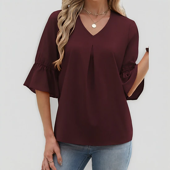 Zeagoo Women's V Neck Front Split Flared Bell Three Quarter Sleeve T-shirt