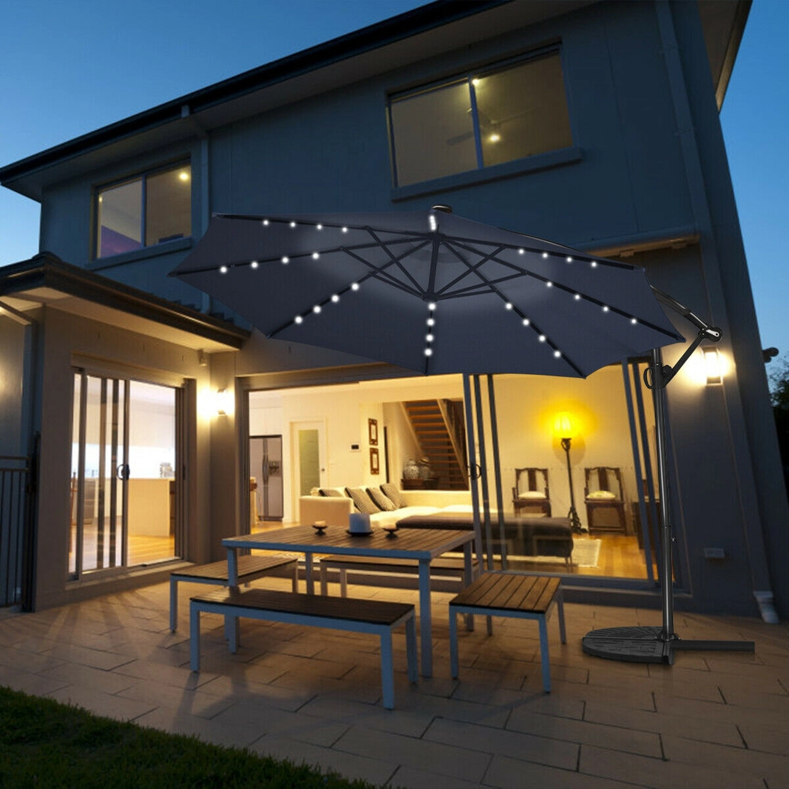SUGIFT 10-ft 360° Rotation Solar Powered LED Patio Offset Umbrella with 32 Lights and Cross Base Navy Blue