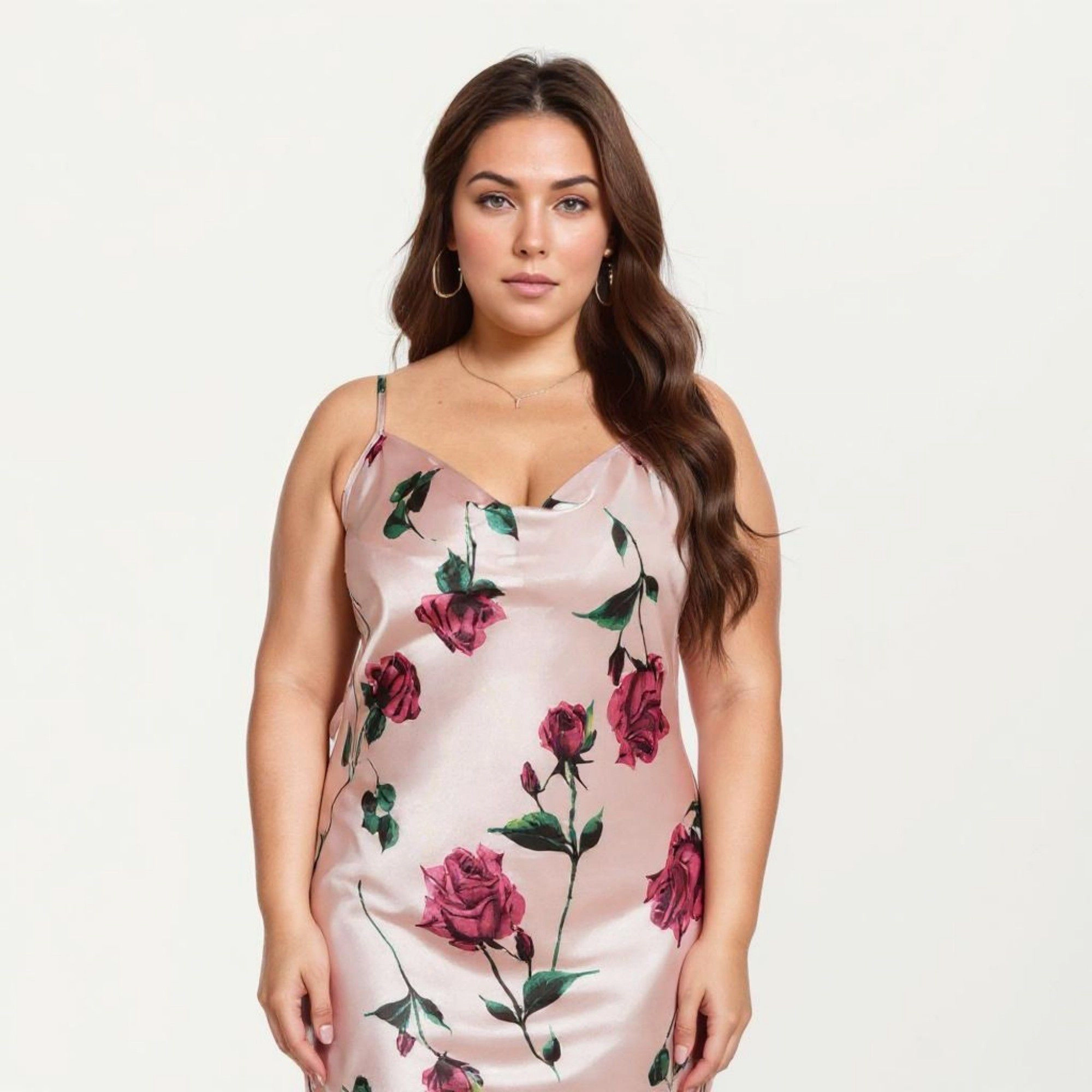 Anna-Kaci Women's Satin Slip Dress Floral Rose Pattern Draped Neckline Sheen Fabric and Soft Body-Skimming Silhouette