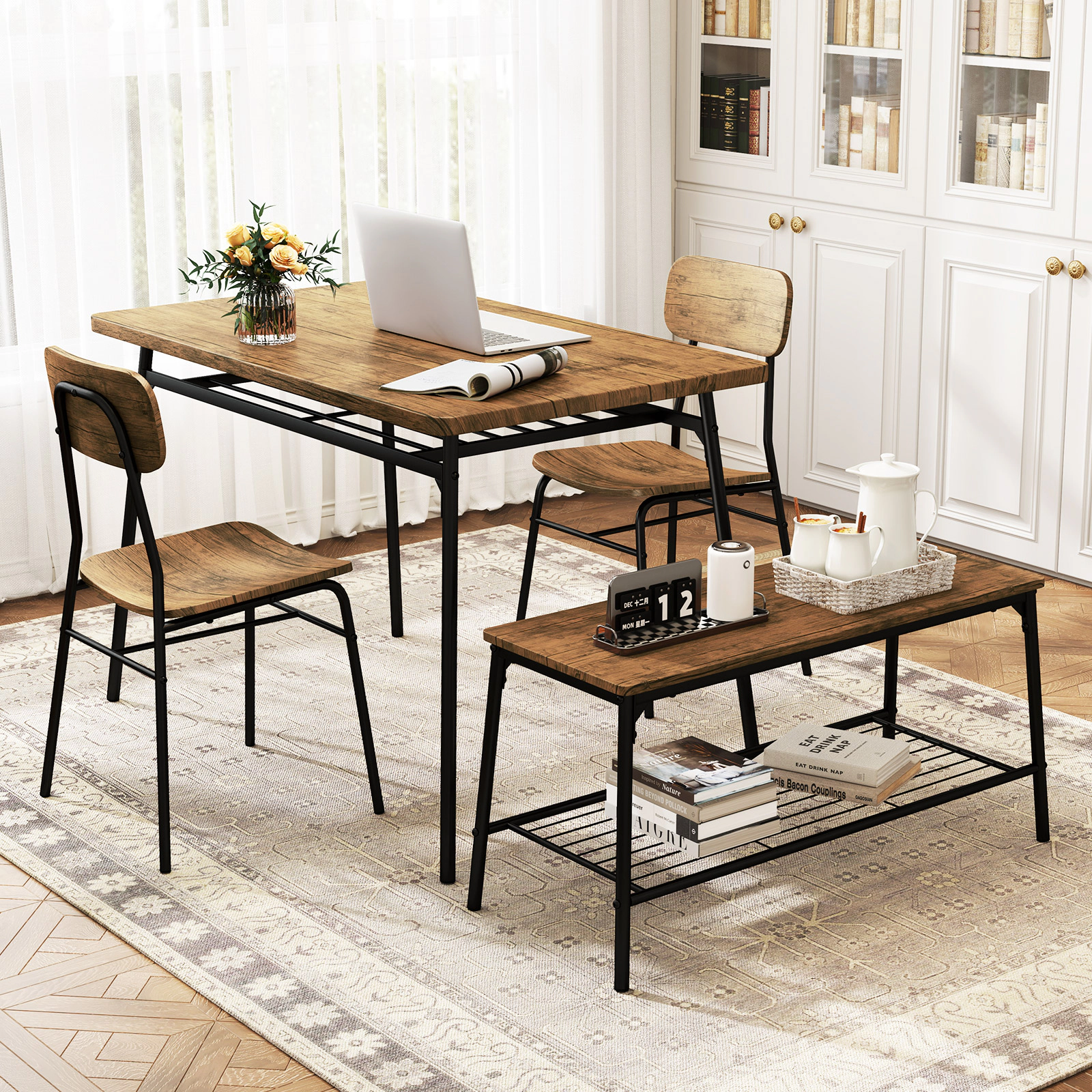 LJG 4 Piece Dining Table Set for 4 Metal Frame with Bench and 2 Chairs