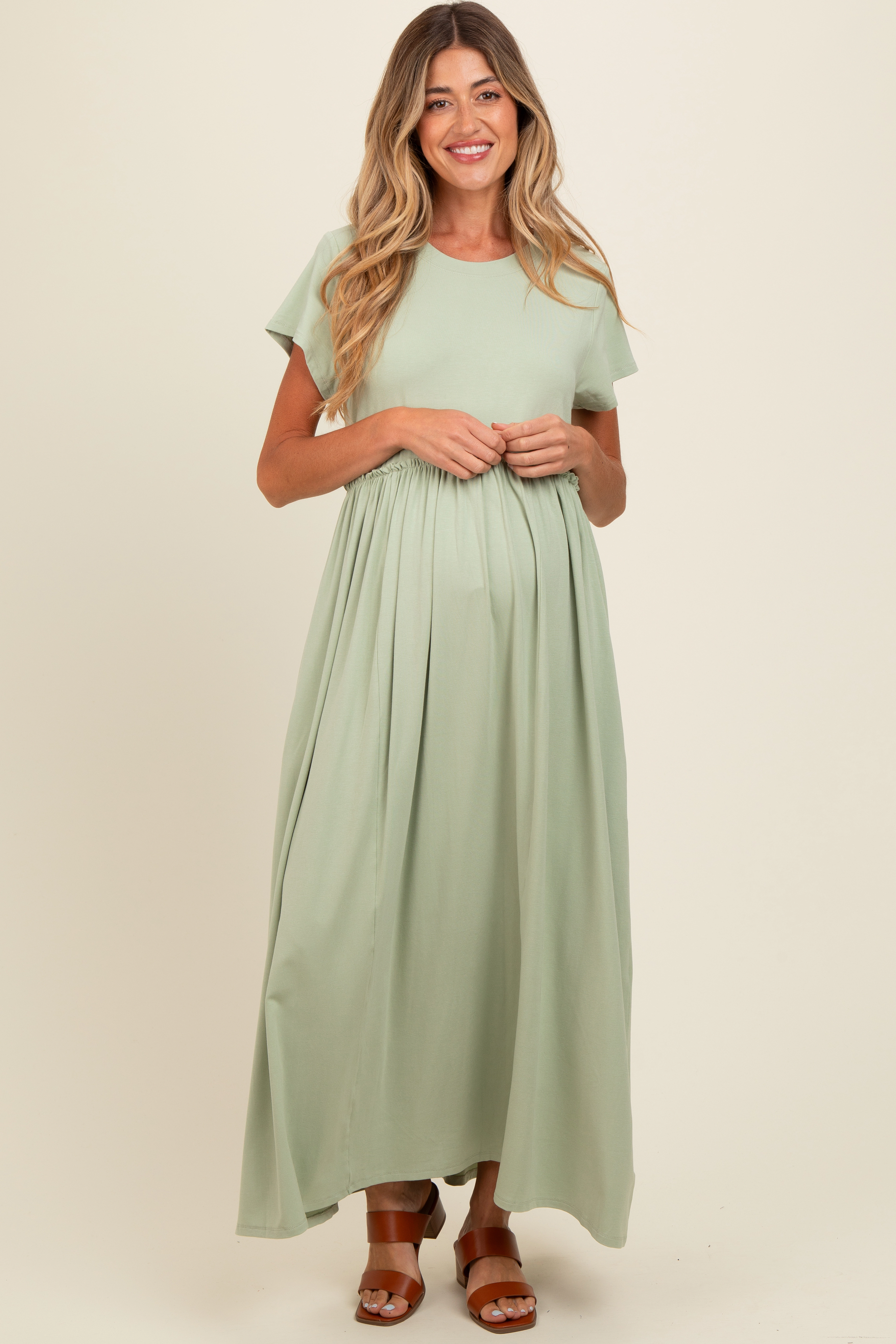 PinkBlush Womens Soft Lemon Ruffle Trim Maternity Maxi Dress