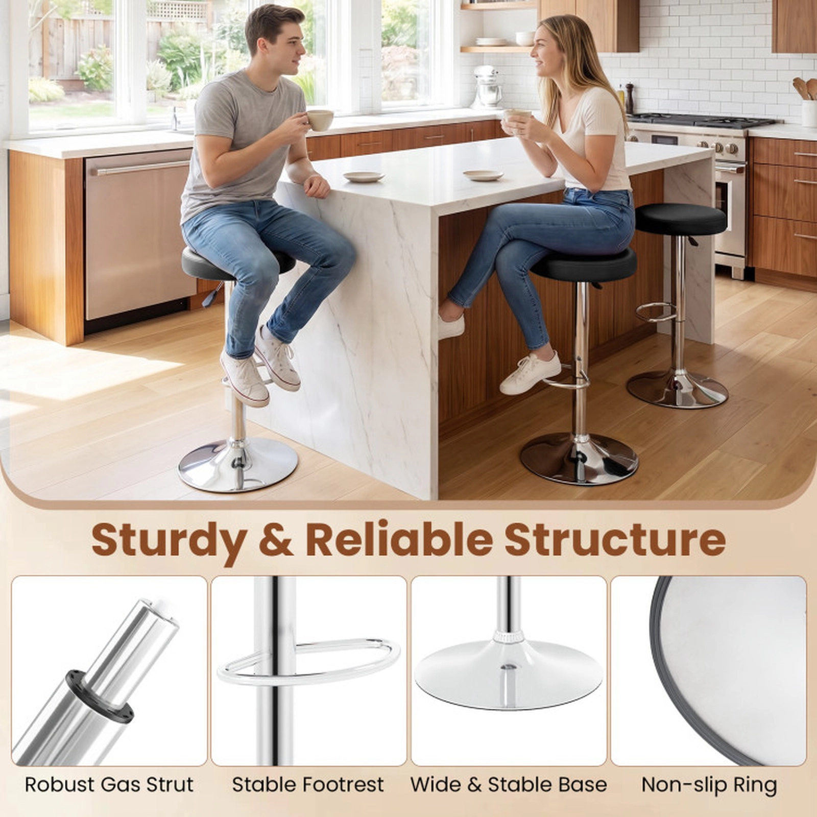 SUGIFT Black Adjustable-Height Backless Swivel Bar Stool with PU Leather Seat and Footrest