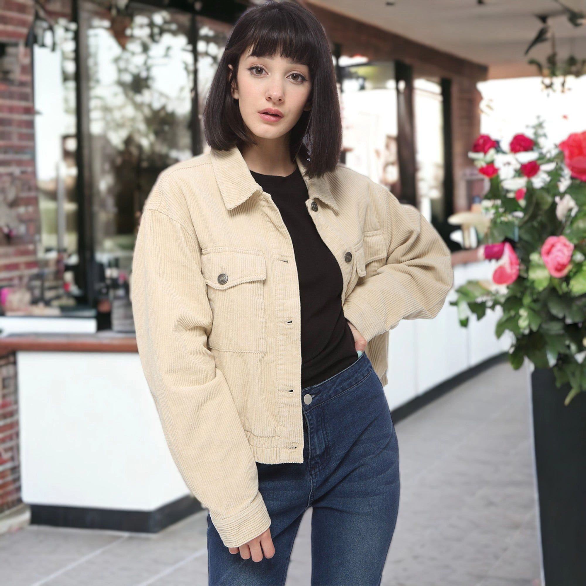 Anna-Kaci Women's Corduroy Collared Long Sleeve Button Down Jacket for Everyday Casual Wear