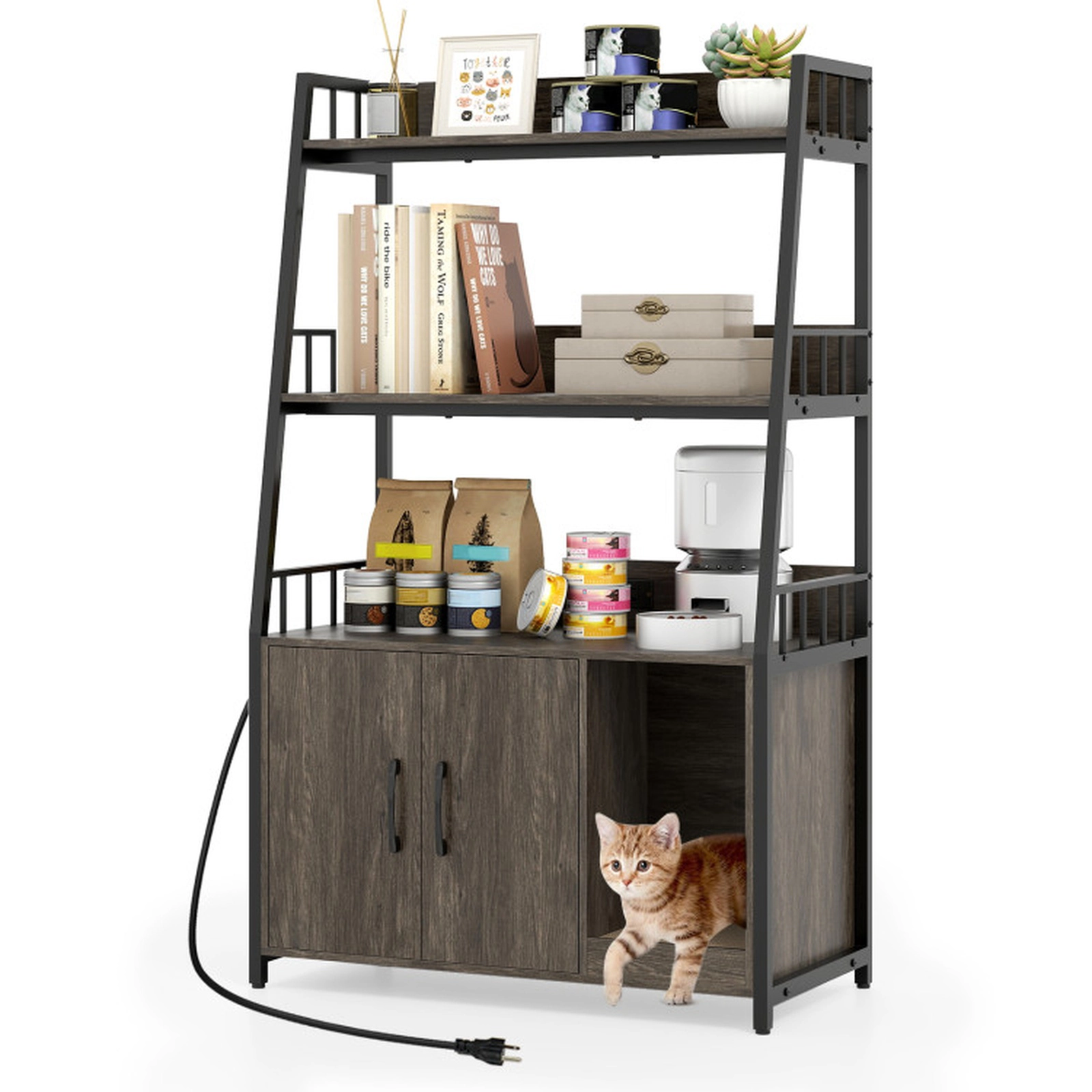 SUGIFT Gray Cat Litter Box Enclosure with 2 Open Shelves 31.5-in W 15.5-in D 52-in H 88-lb Cabinet Capacity