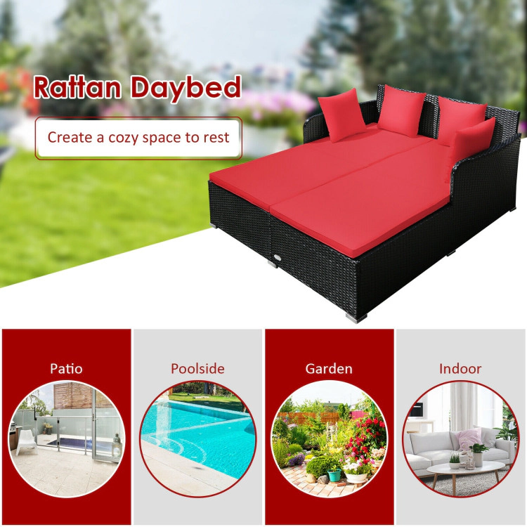 Hivvago Spacious Outdoor Rattan Daybed with Upholstered Cushions and Pillows