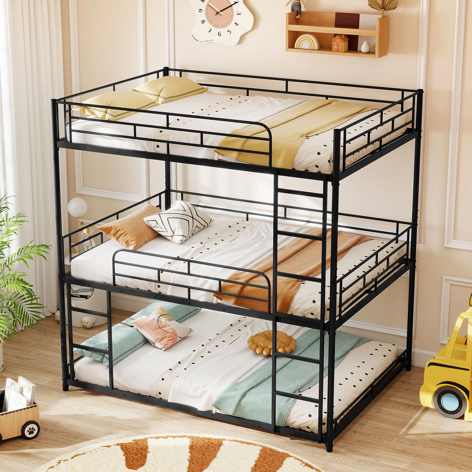 SUGIFT Metal Triple Bunk Bed, Full Size, Black, 2 Ladders and Guardrails