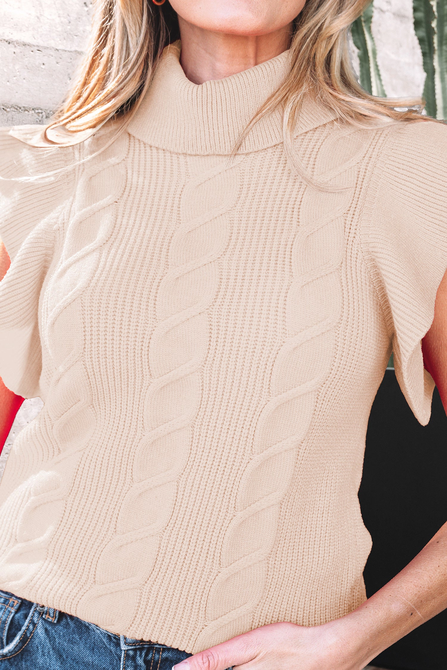 Threaded Pear Zaylee Ruffled Short Sleeve Turtleneck Sweater