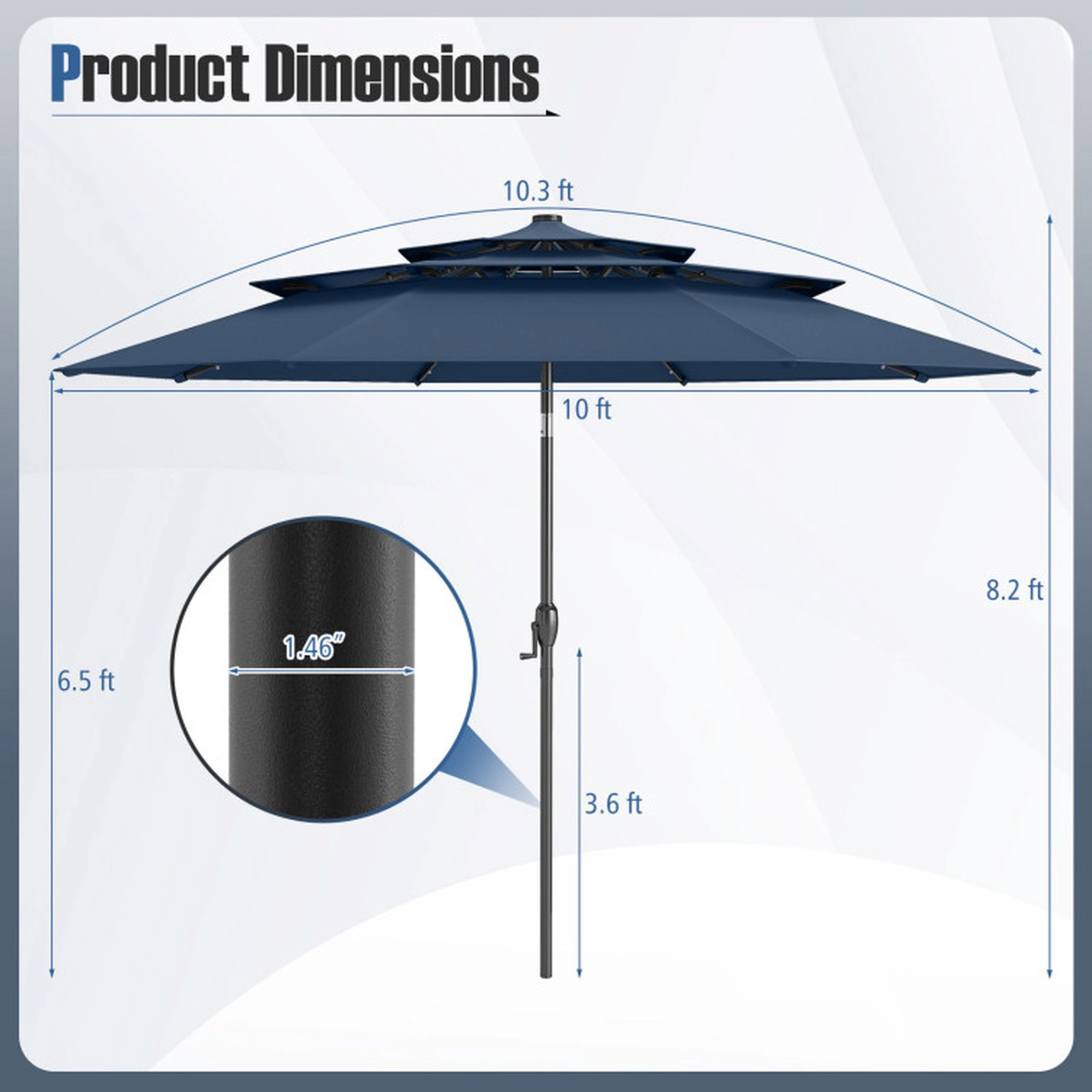 SUGIFT 10-ft Navy Solar Market Patio Umbrella with 32 LED Lights 3-Tier Vented Top and Push Button Tilt