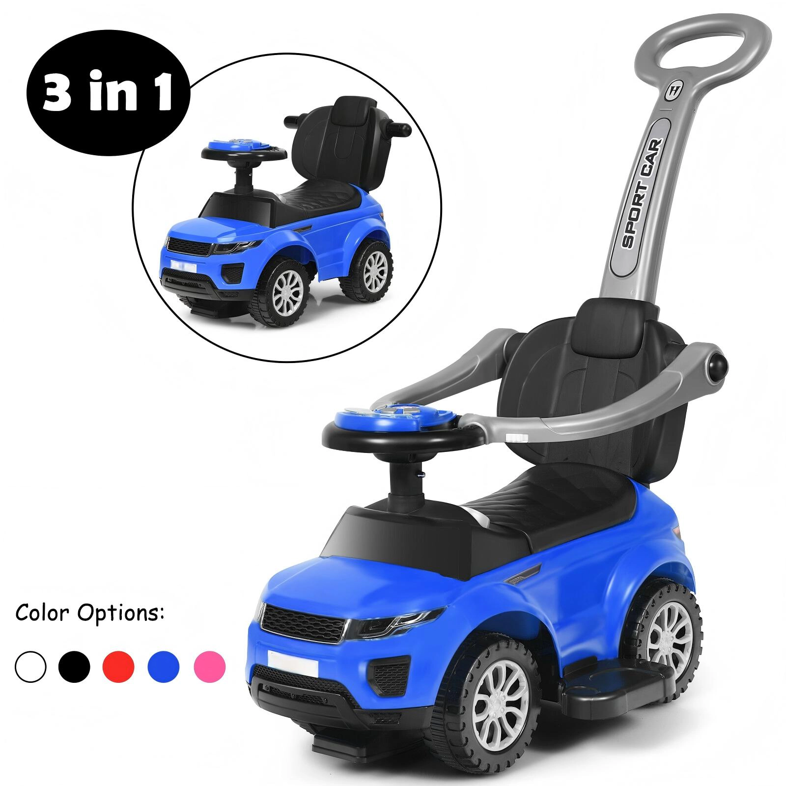 SUGIFT 3-in-1 Ride-On Push Car Toddler Stroller Sliding Car 55-lb Capacity Ages 12-36 Months Black