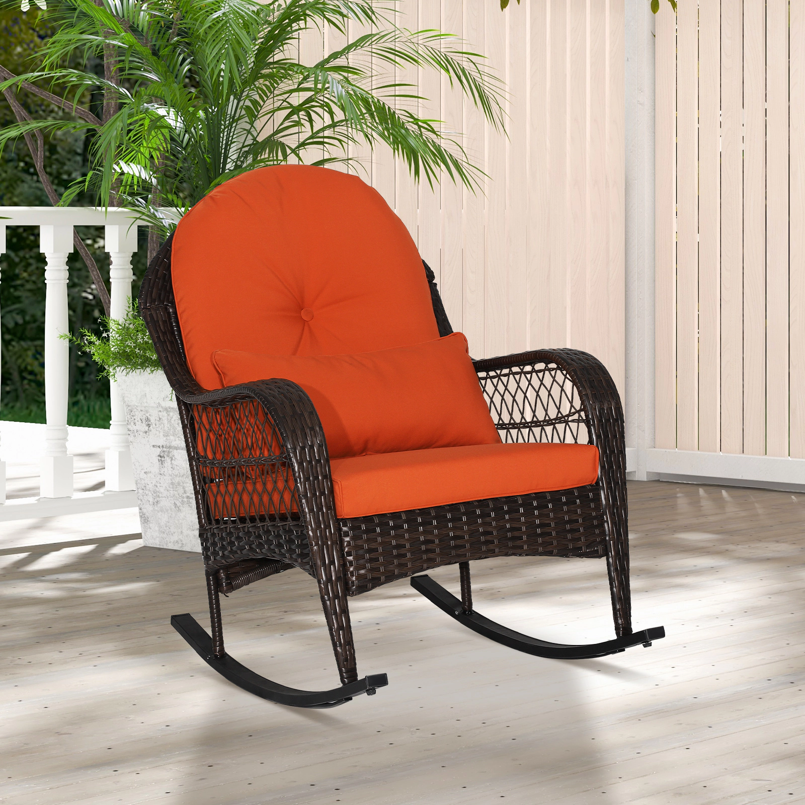 SUGIFT Outdoor PE Rattan Rocking Chair with Cushions and Lumbar Pillow